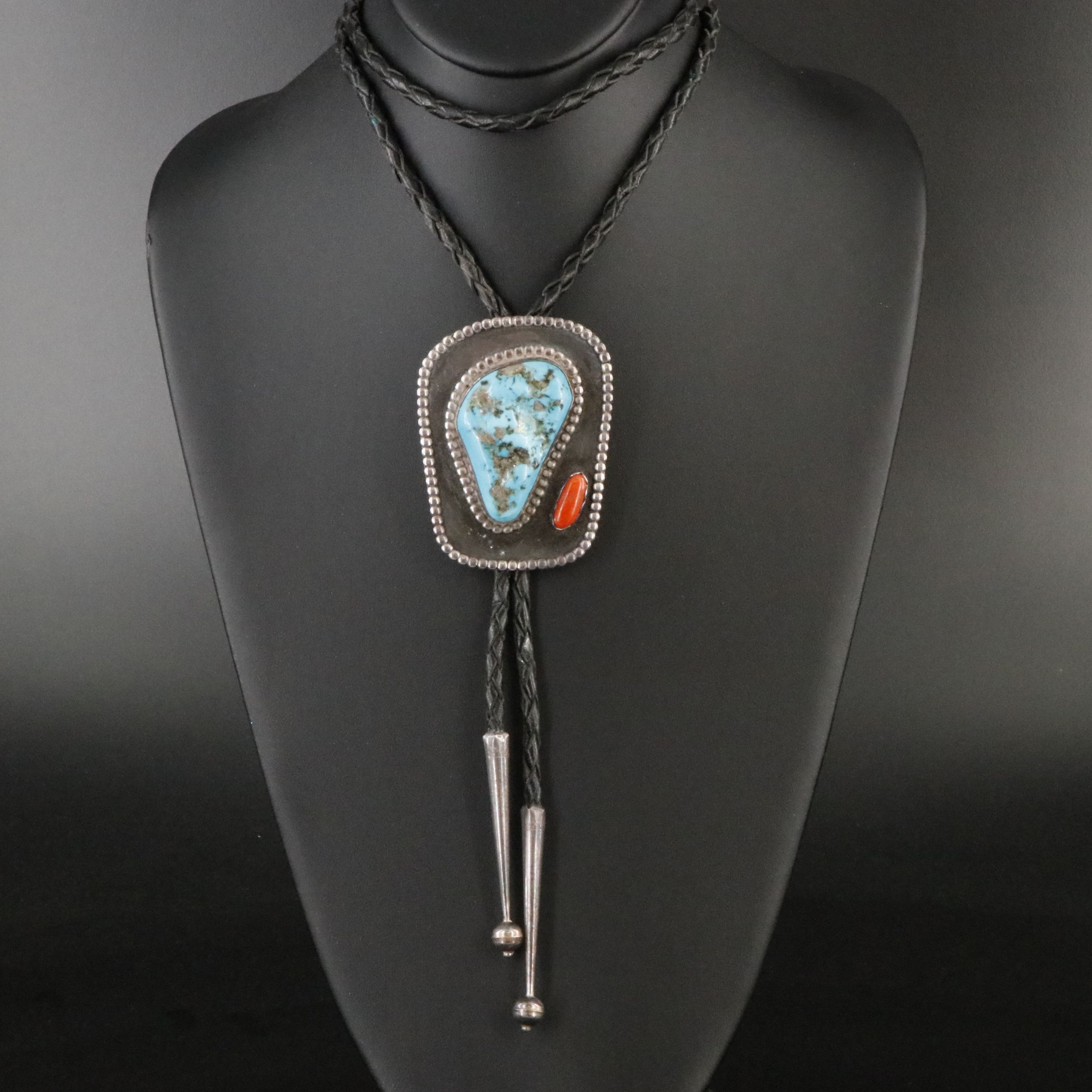 Southwestern Sterling Turquoise and Coral Bolo