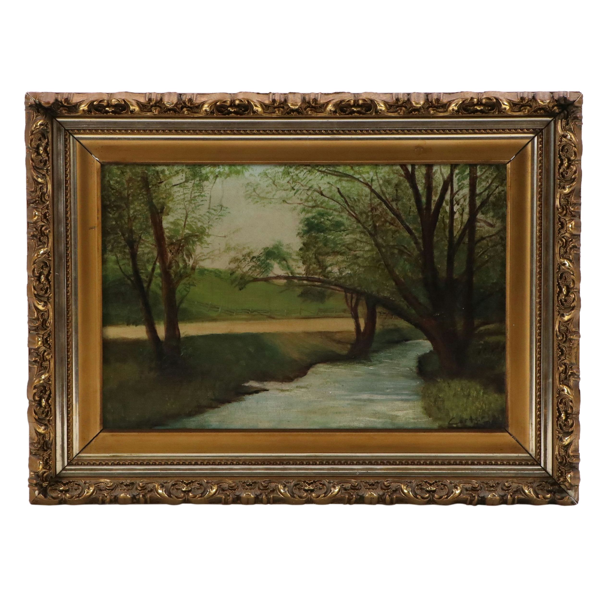 Wooded River Landscape Oil Painting, 1870