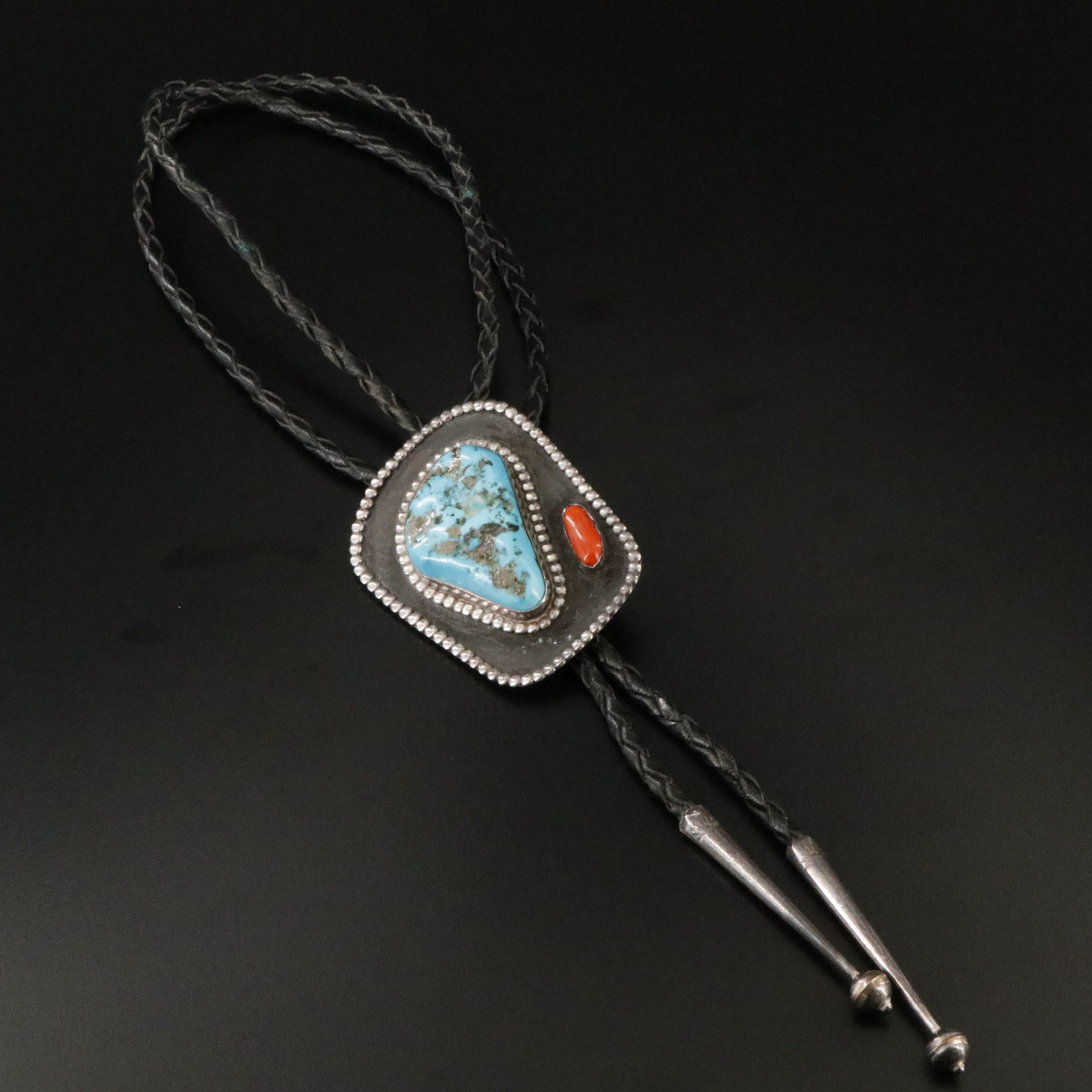 Southwestern Sterling Turquoise and Coral Bolo