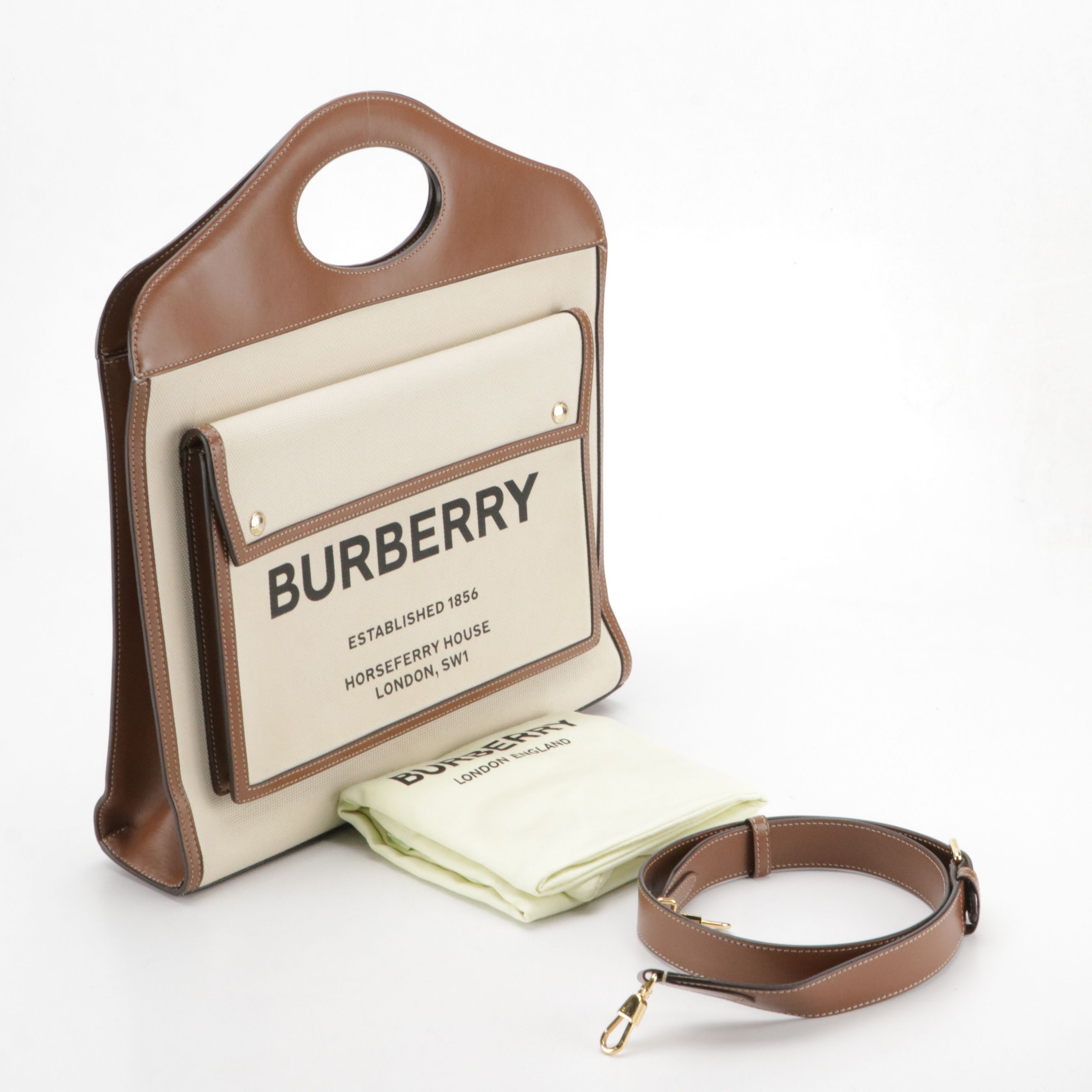 Burberry Pocket Two-Way Bag in Natural Canvas and Brown Calfskin Leather