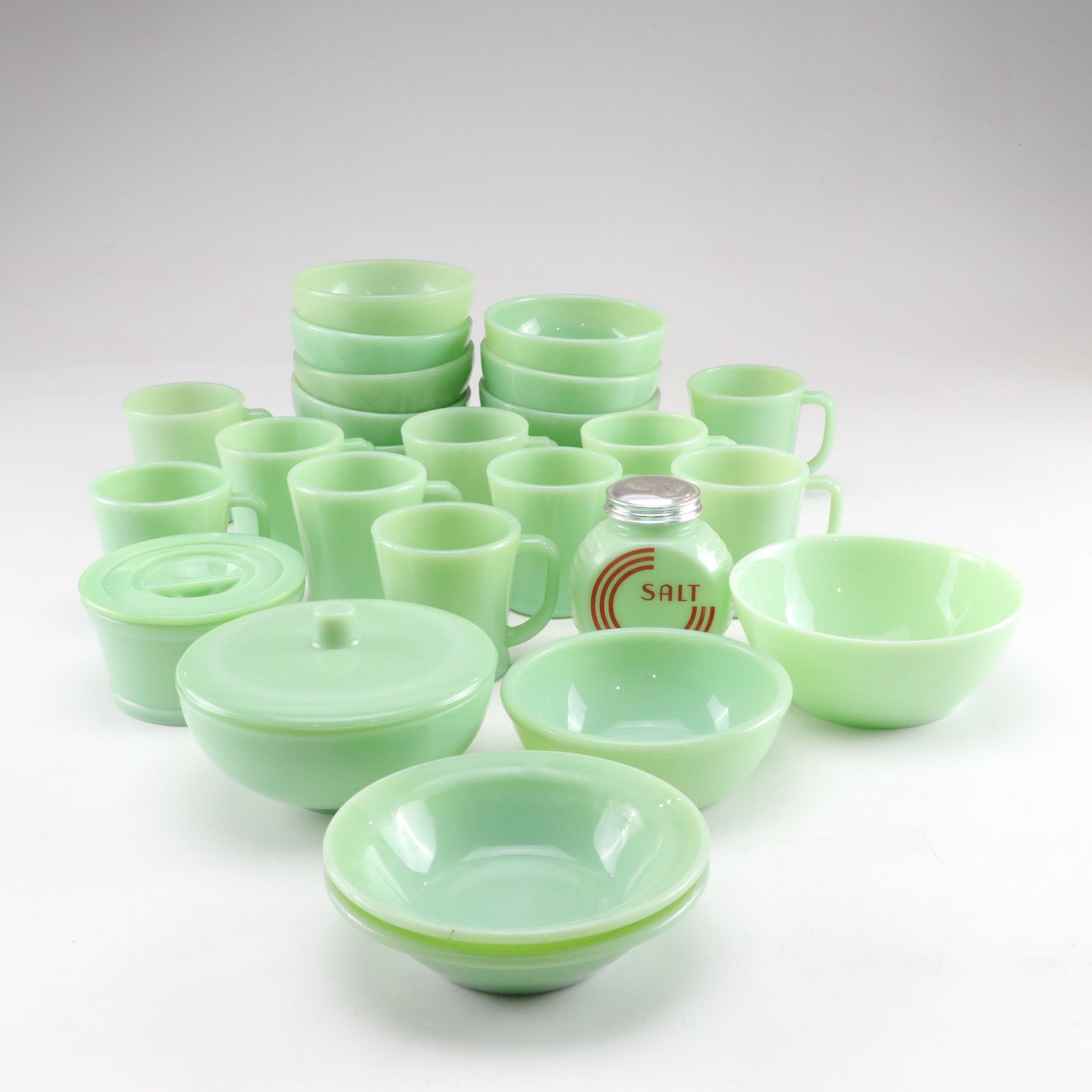 Jadite Glass Bowls, Mugs, Salt Shaker, and Butter Tub