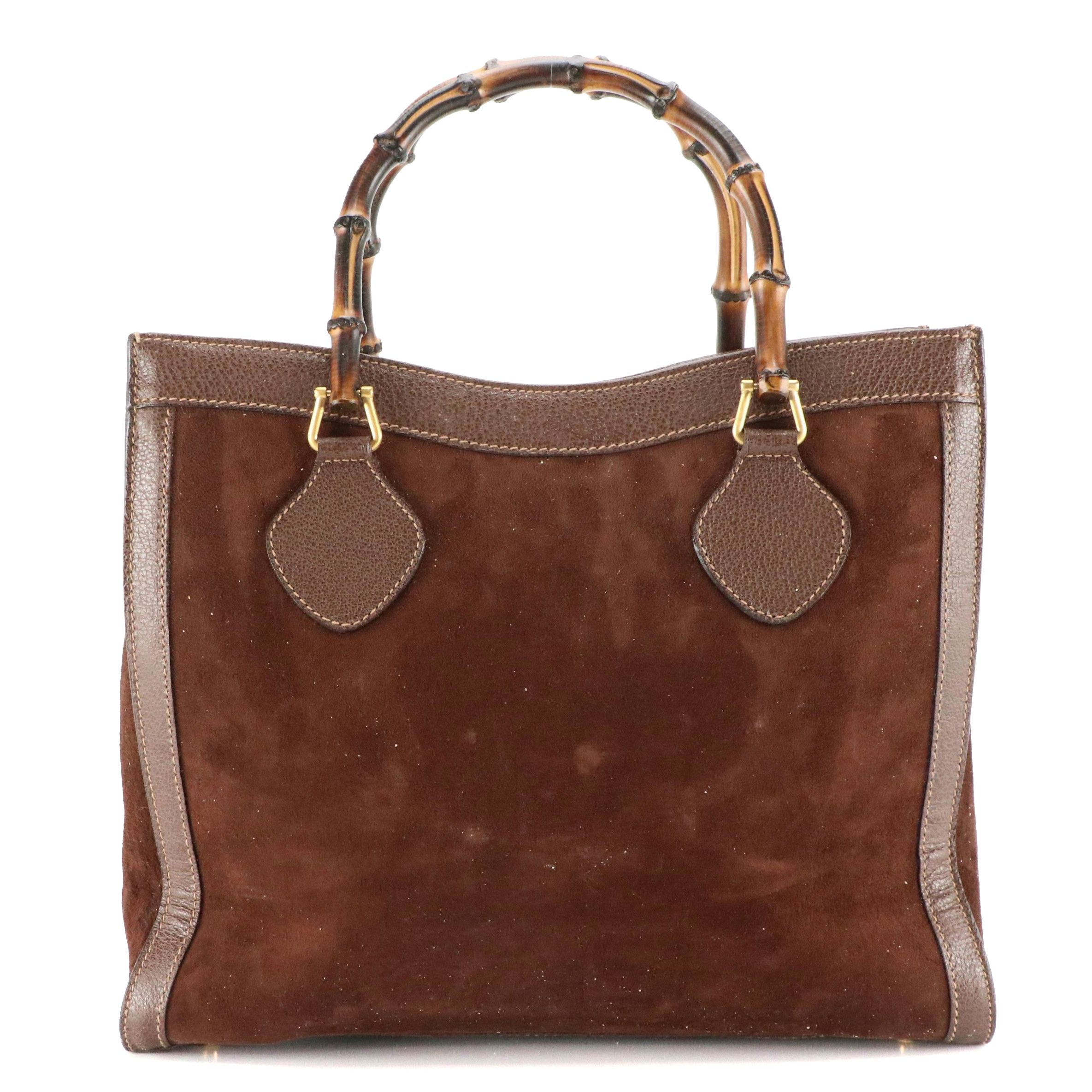 Gucci Bamboo Handle Diana Tote Bag in Brown Suede and Leather