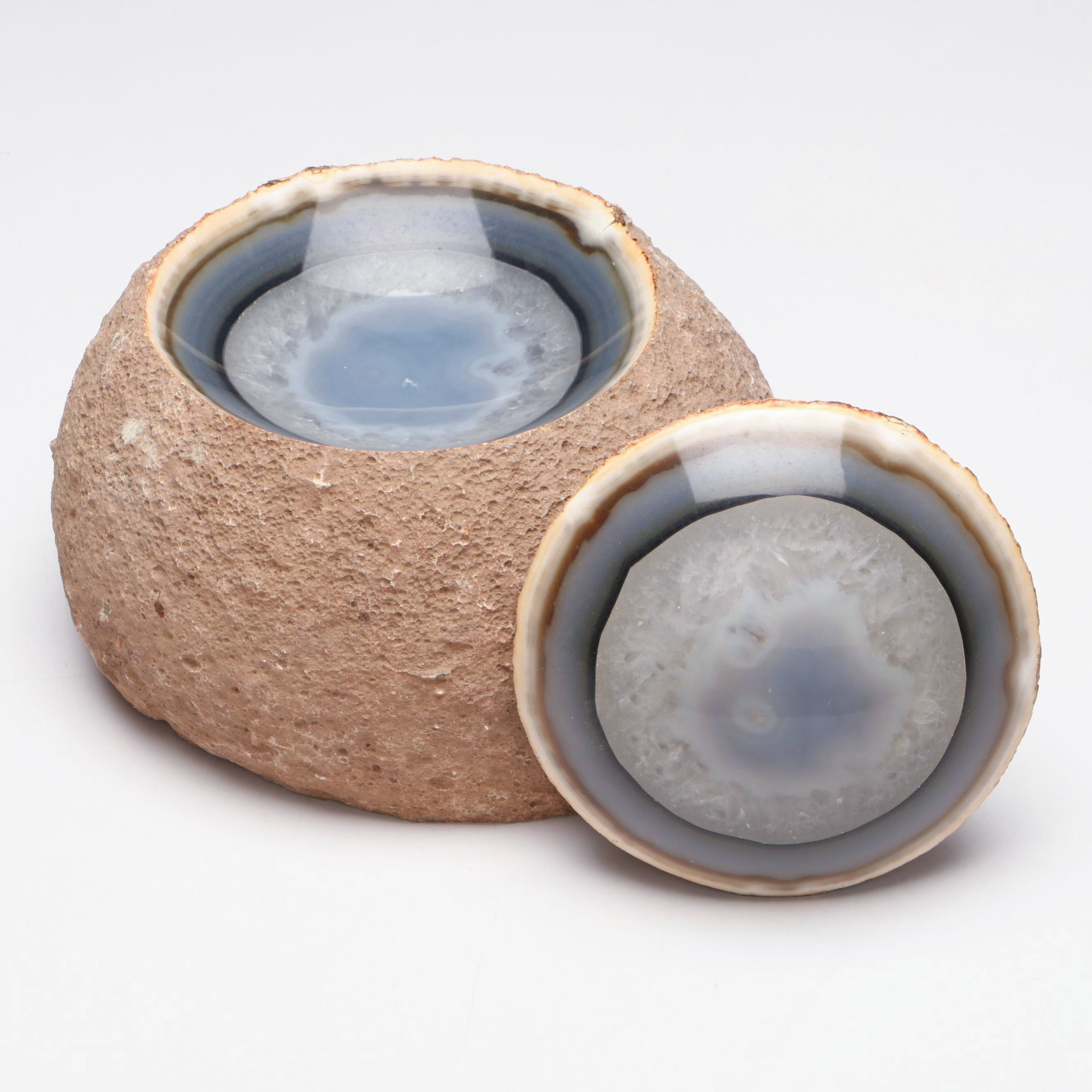 Carved Banded Agate and Calcite Geode Specimen