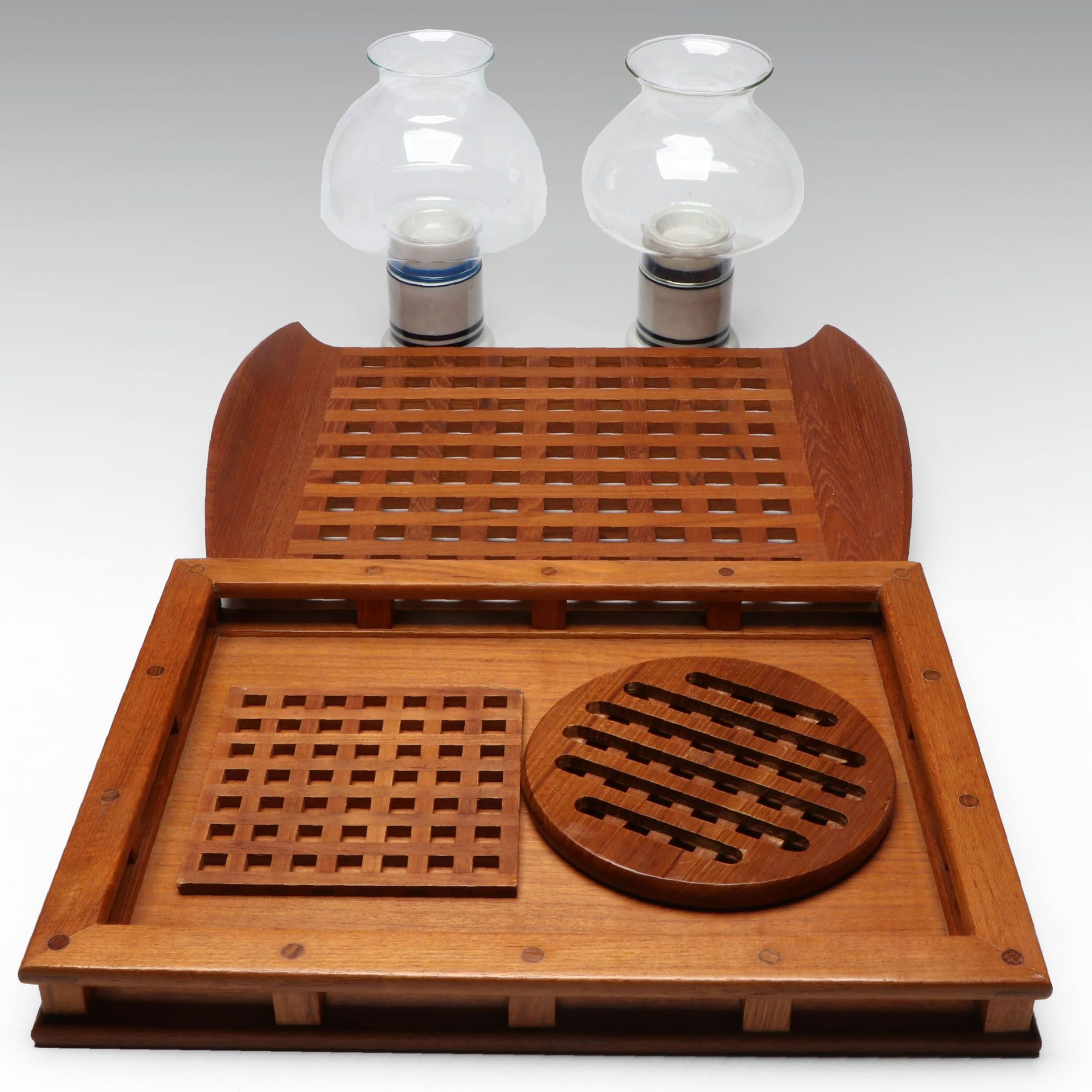 Dansk Teak Trays with Ceramic Hurricane Candle Lamps and More