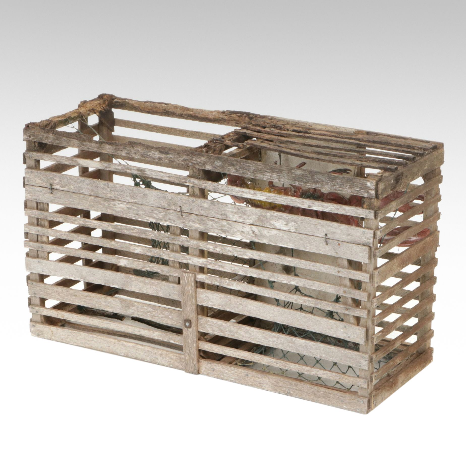 Wooden Lobster Trap with Plastic Lobster