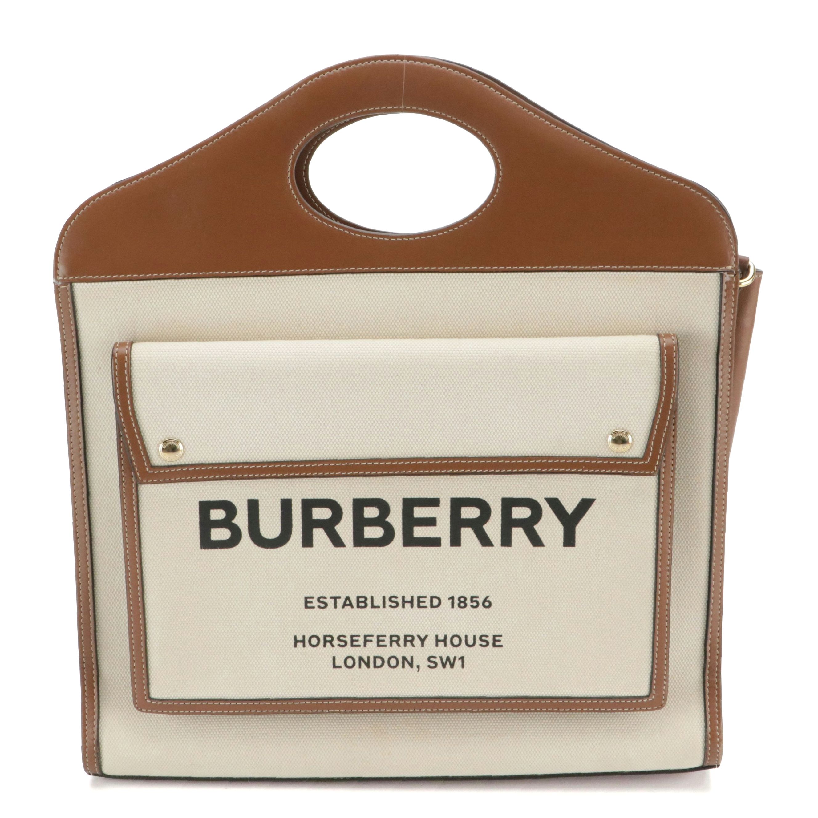 Burberry Pocket Two-Way Bag in Natural Canvas and Brown Calfskin Leather