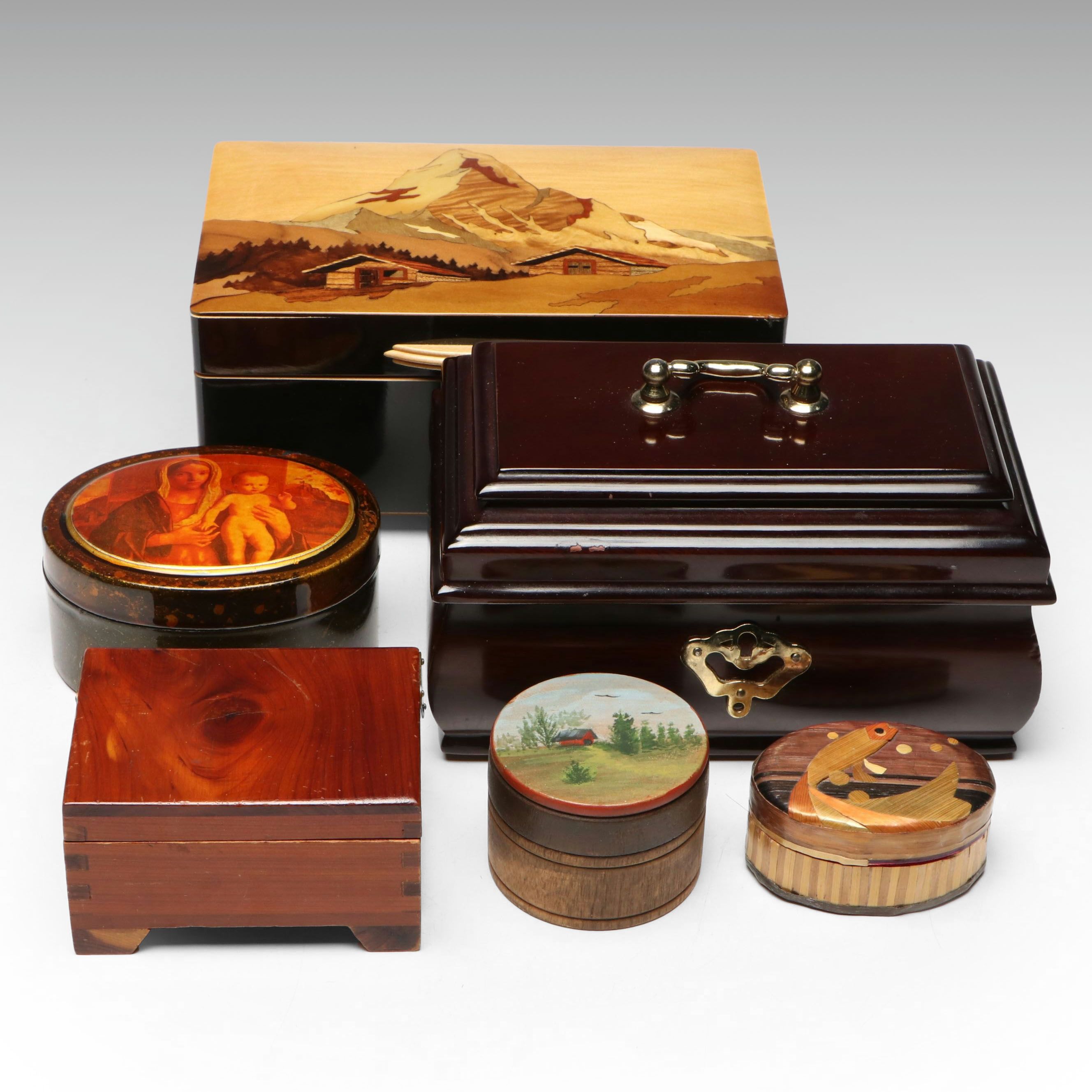 Intarsia Landscape Wood Music Box with Marquetry, Hand-Painted and Other Boxes