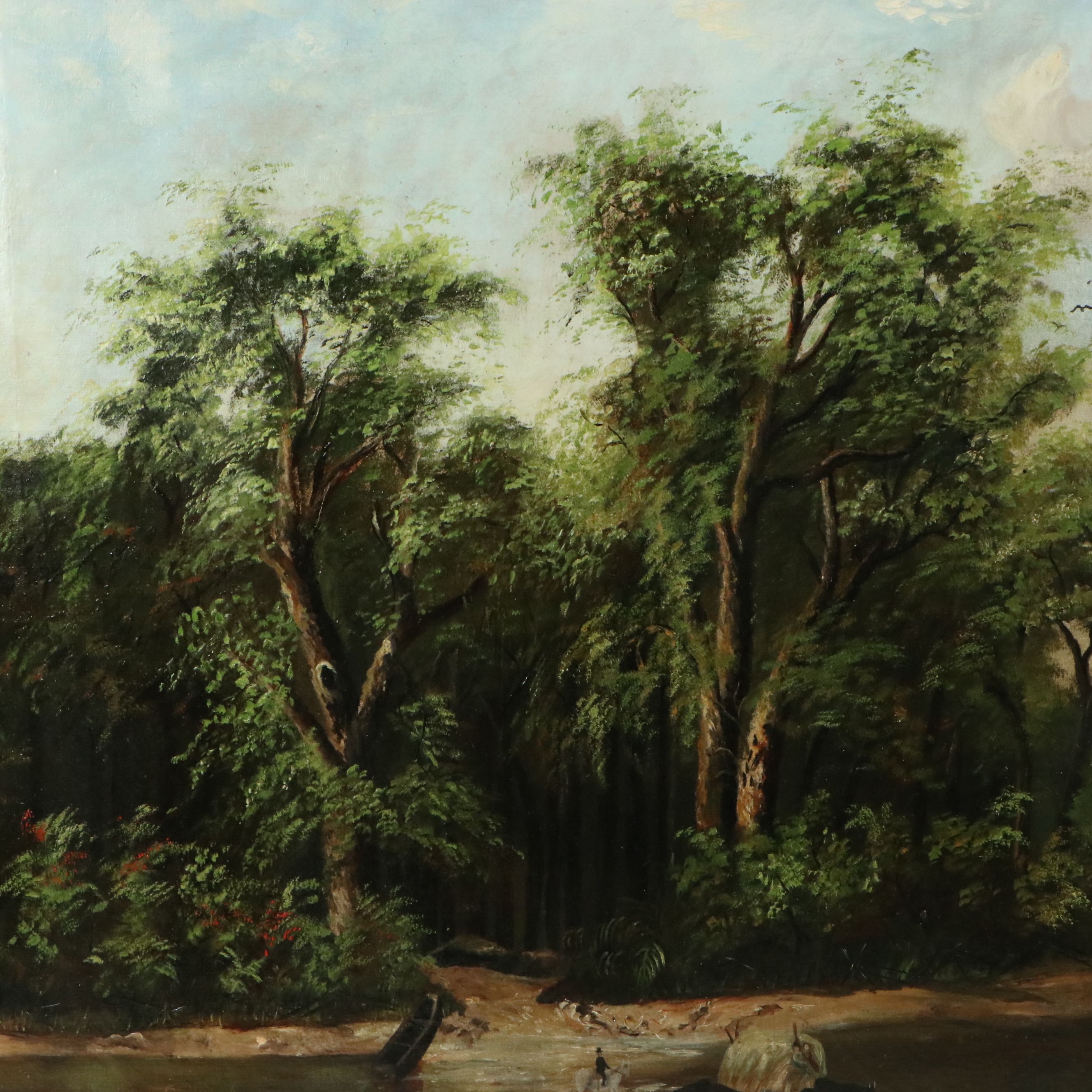American School Oil Painting of River Pioneer Scene, Circa Early 20th Century