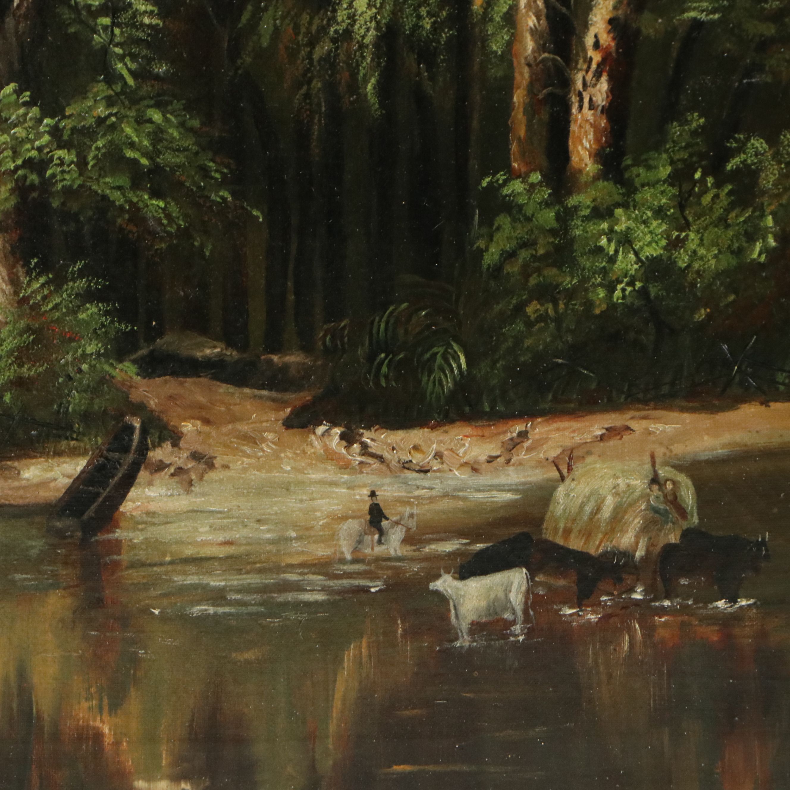 American School Oil Painting of River Pioneer Scene, Circa Early 20th Century