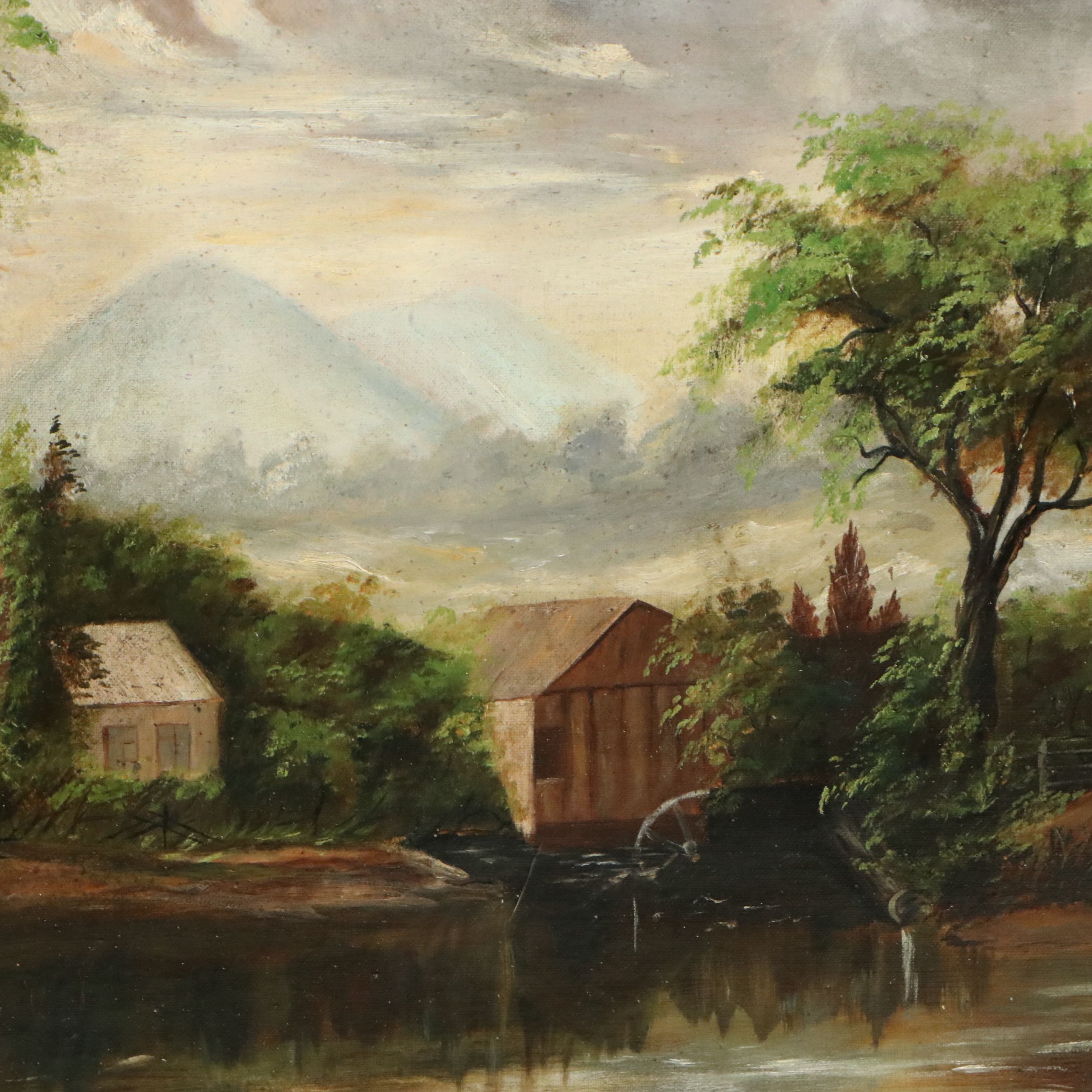 American School Oil Painting of River Pioneer Scene, Circa Early 20th Century