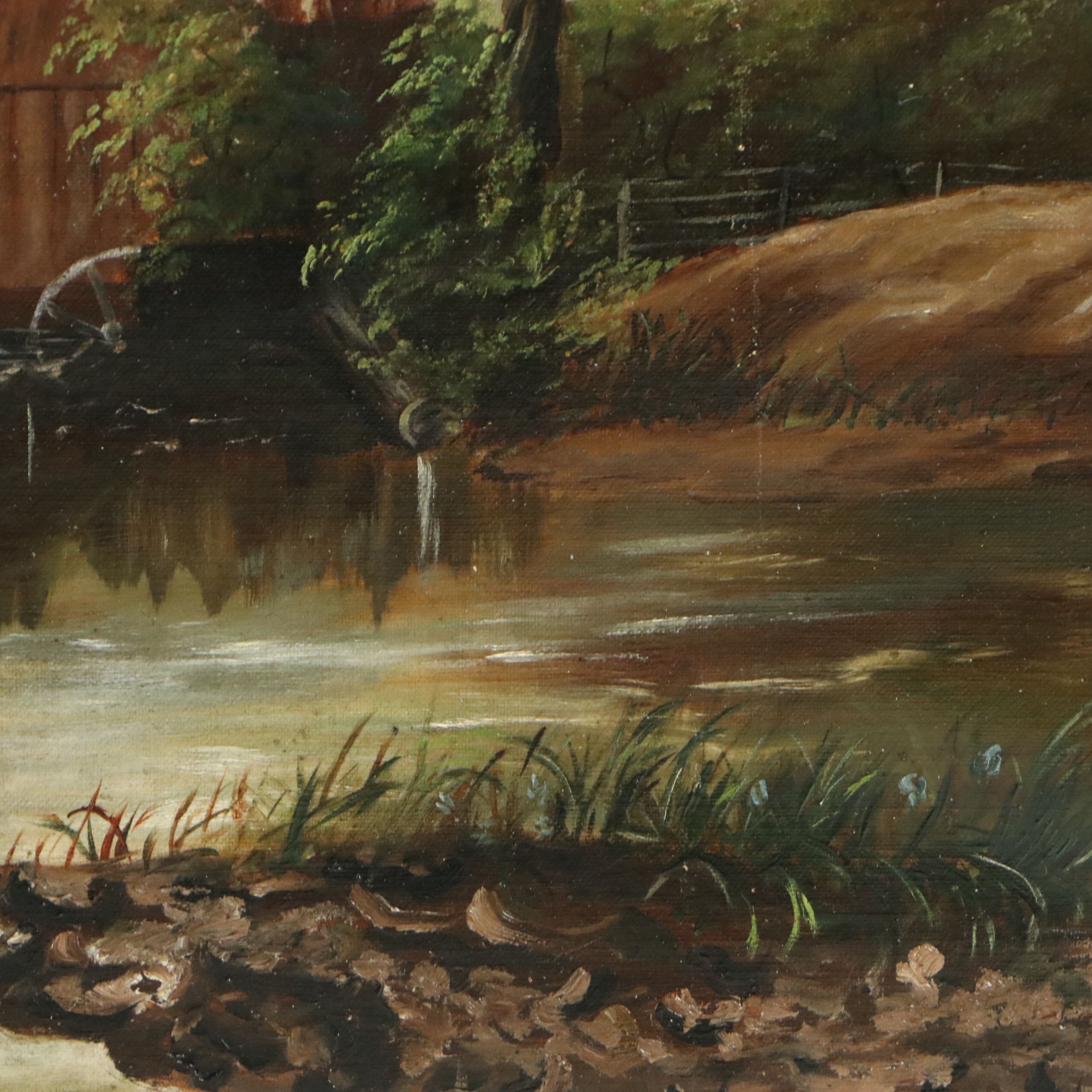 American School Oil Painting of River Pioneer Scene, Circa Early 20th Century