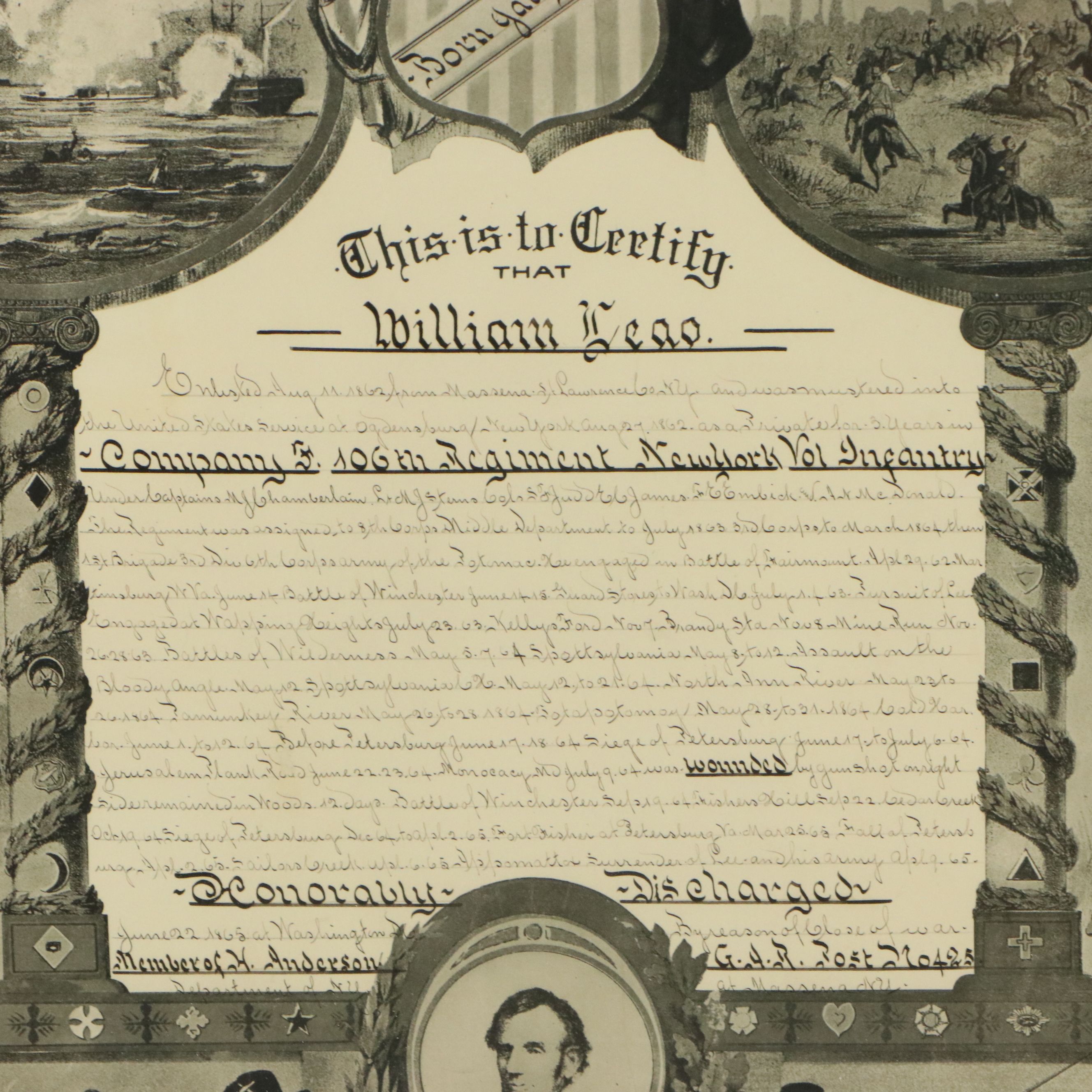 Civil War Honorable Discharge Certificate Halftone Print, 1915