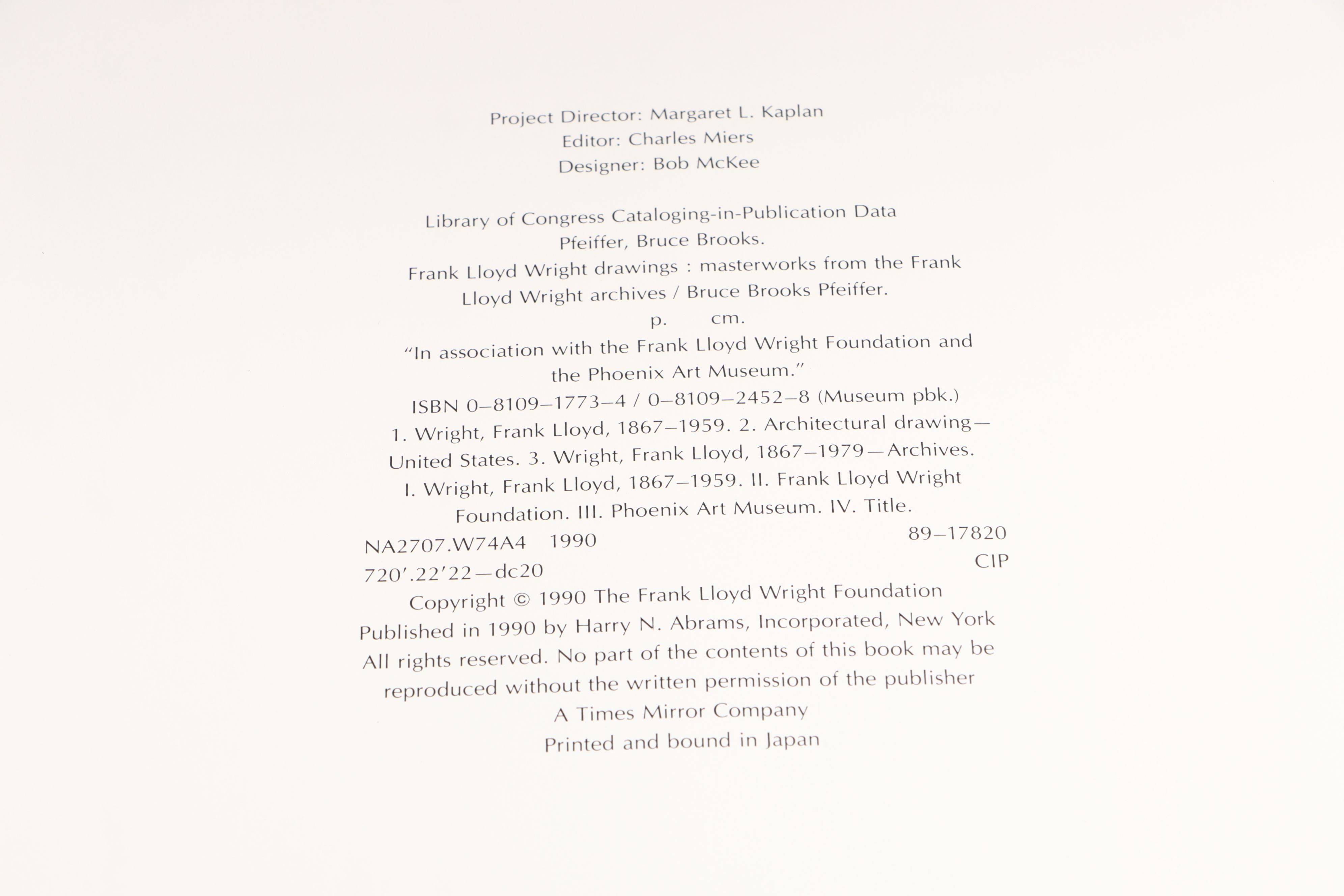 First Edition "Frank Lloyd Wright Drawings" by Bruce Brooks Pfeiffer, 1990