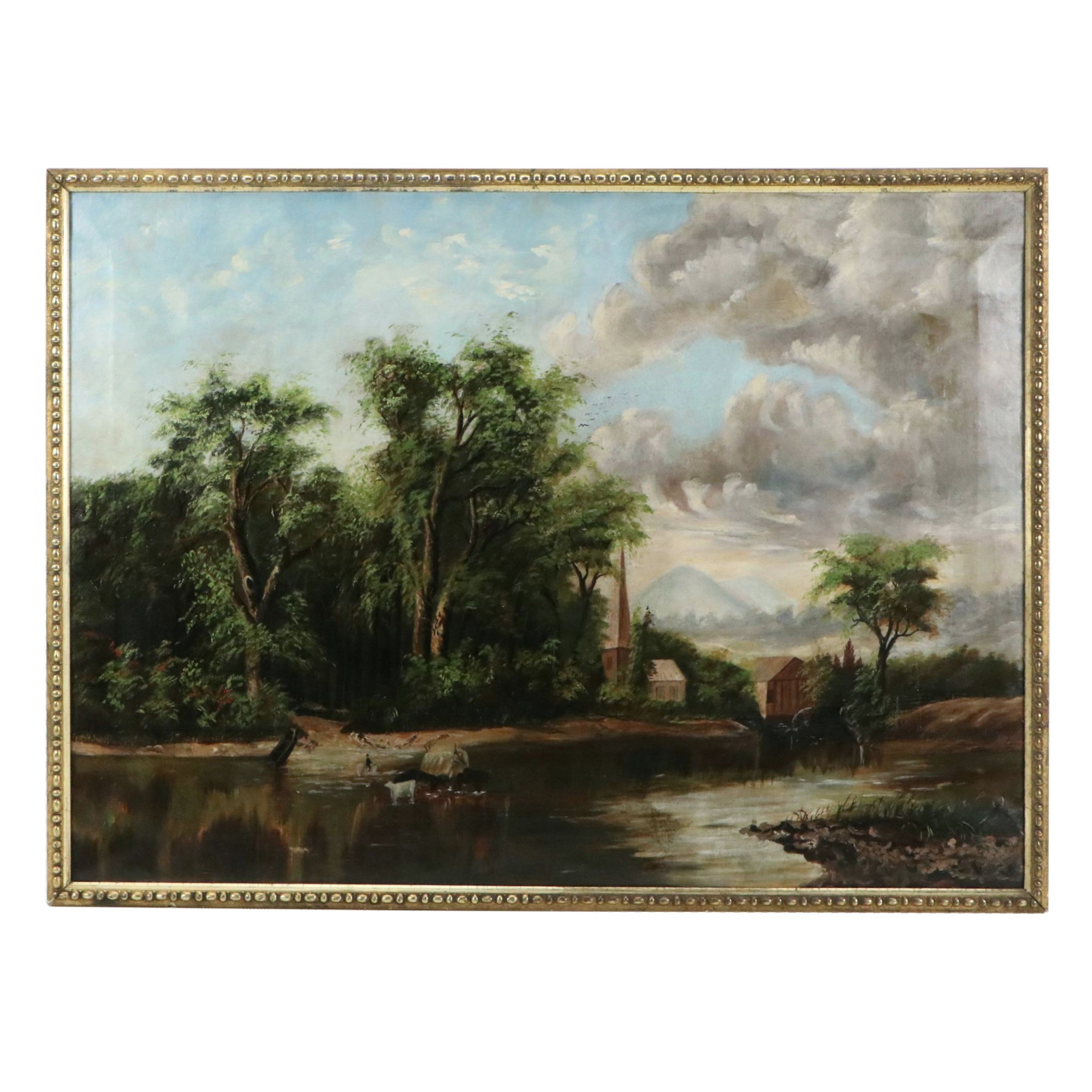 American School Oil Painting of River Pioneer Scene, Circa Early 20th Century