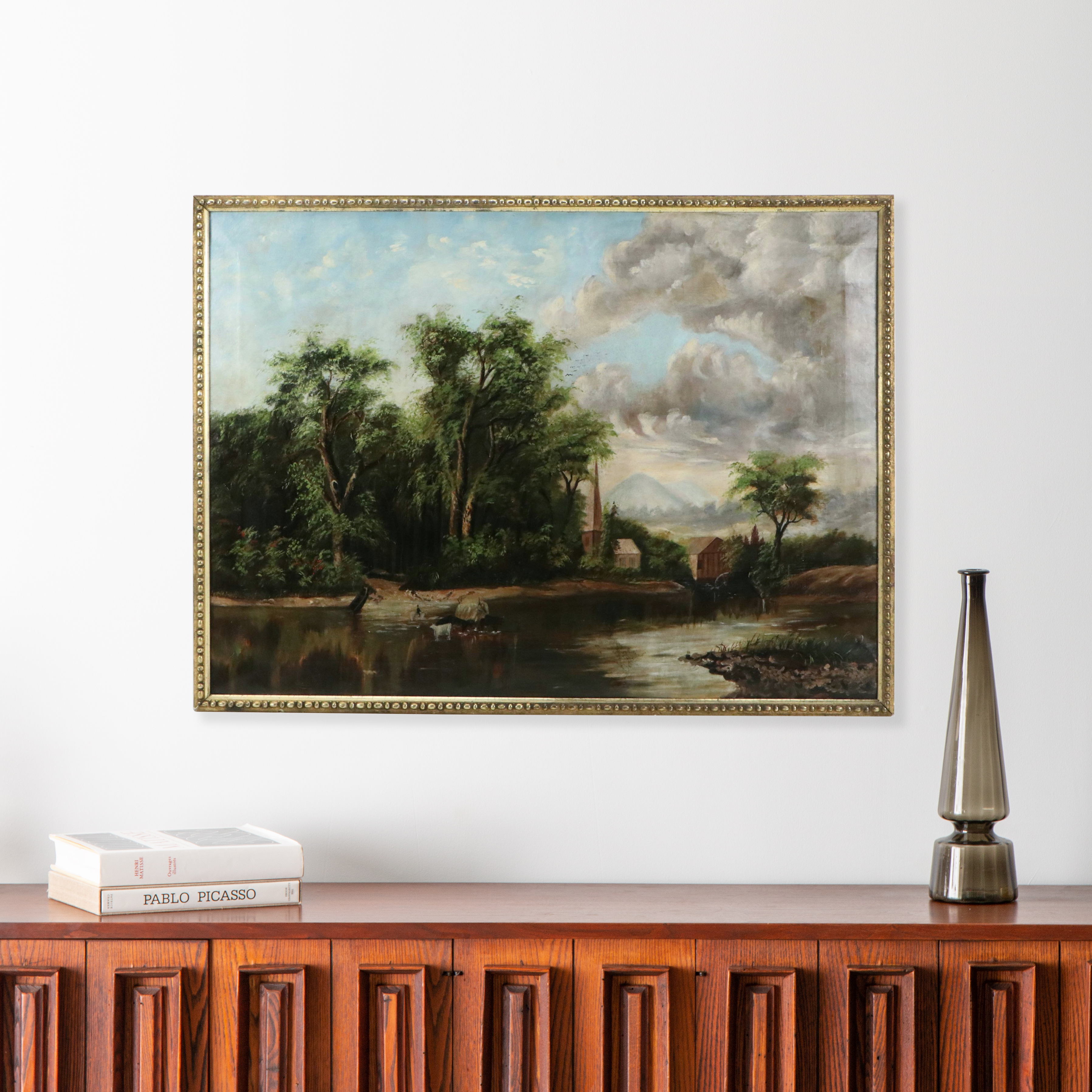 American School Oil Painting of River Pioneer Scene, Circa Early 20th Century