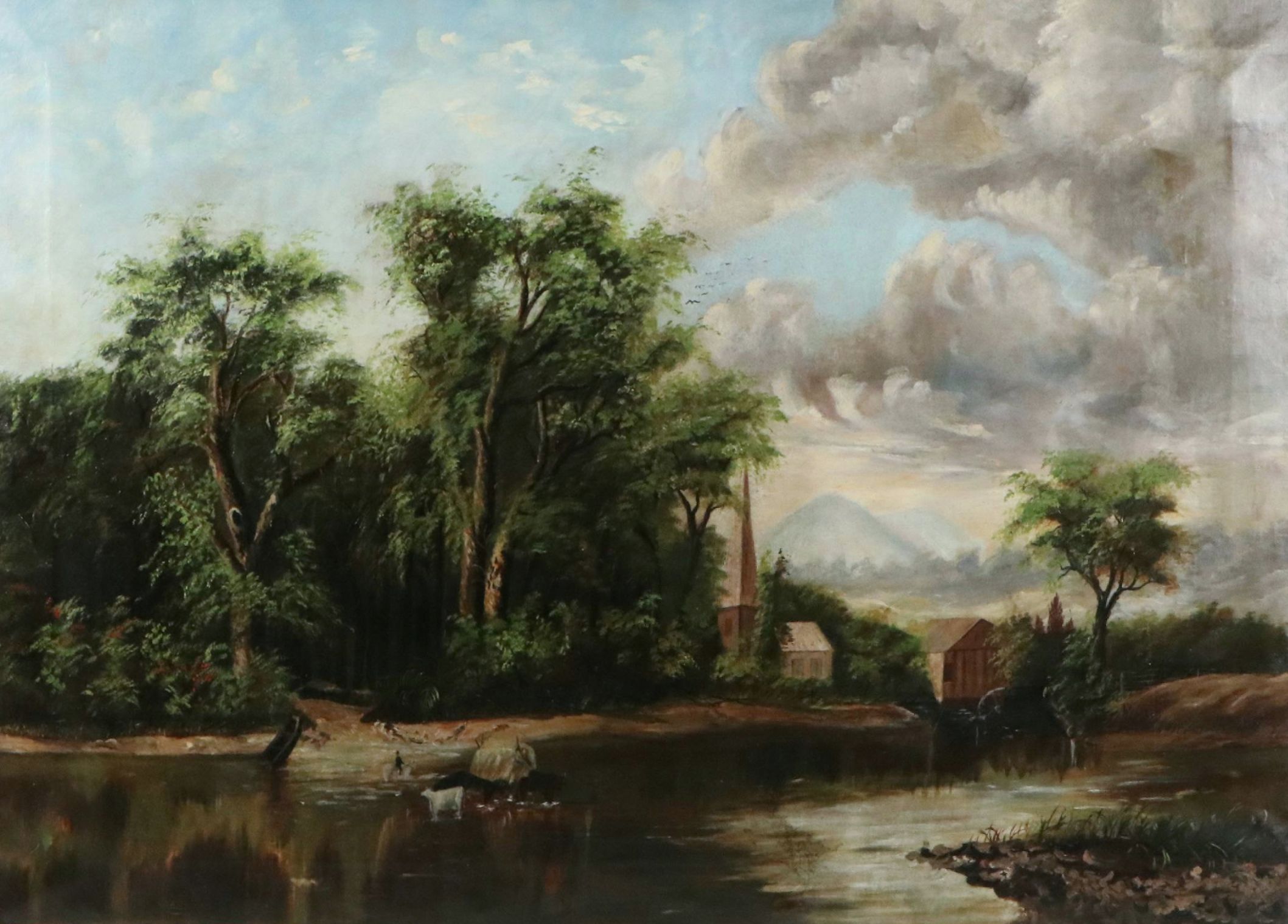 American School Oil Painting of River Pioneer Scene, Circa Early 20th Century