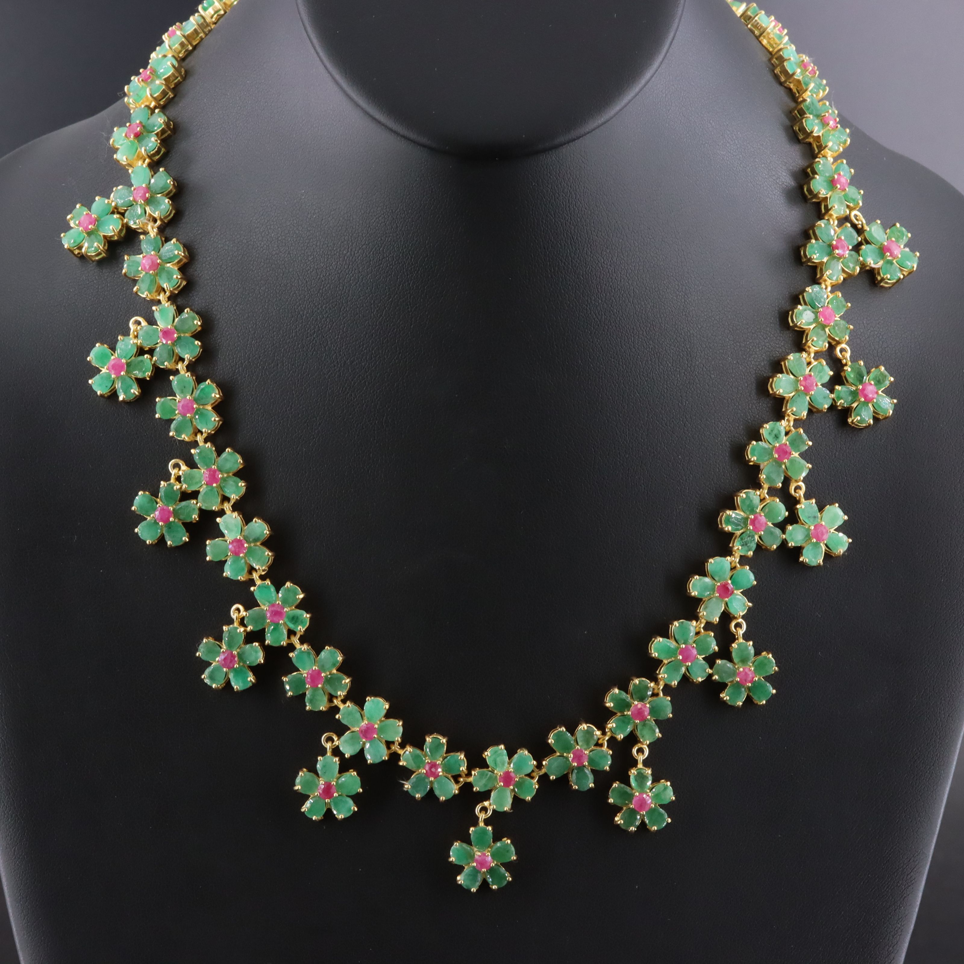 Sterling Emerald and Ruby Floral Necklace
