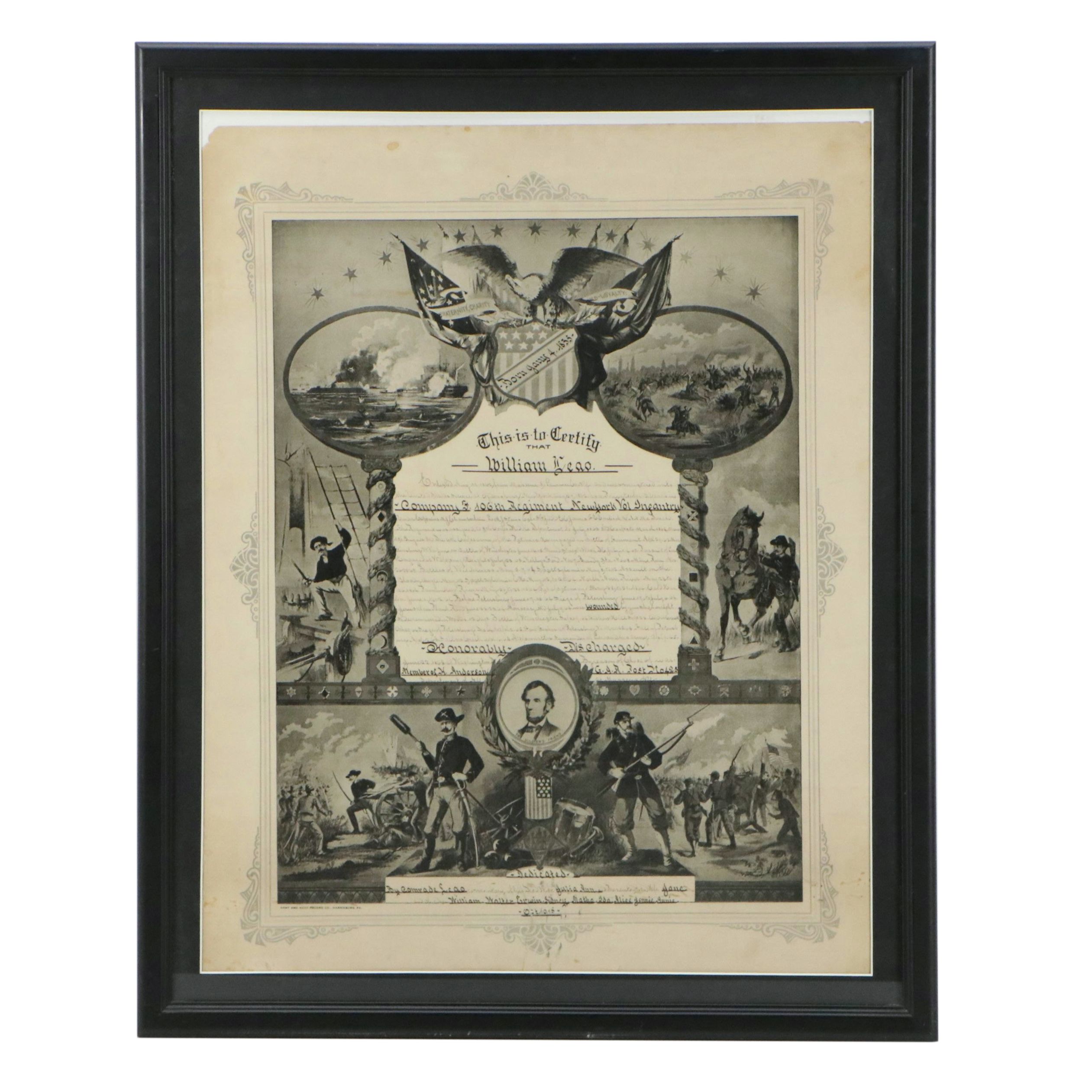 Civil War Honorable Discharge Certificate Halftone Print, 1915