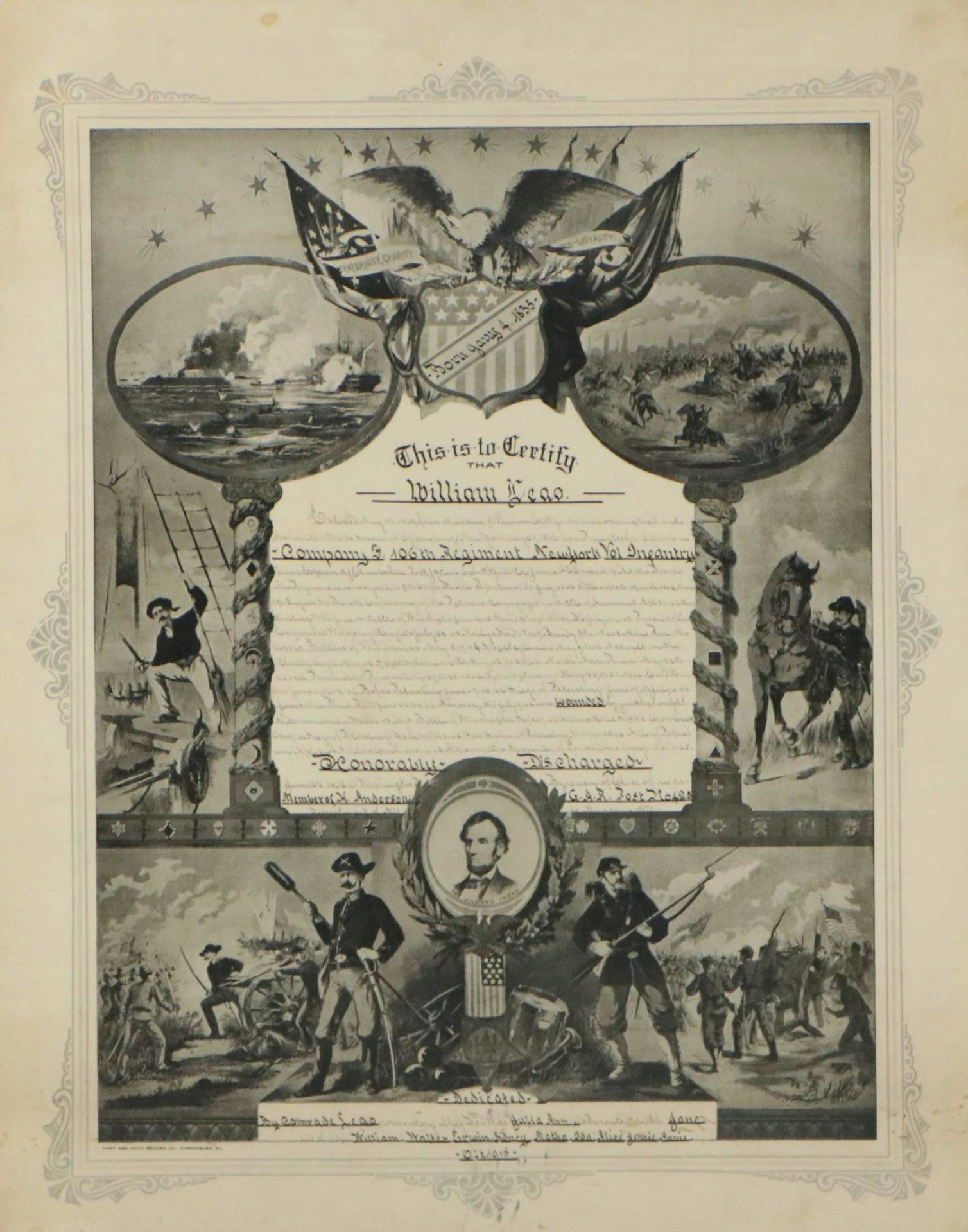 Civil War Honorable Discharge Certificate Halftone Print, 1915