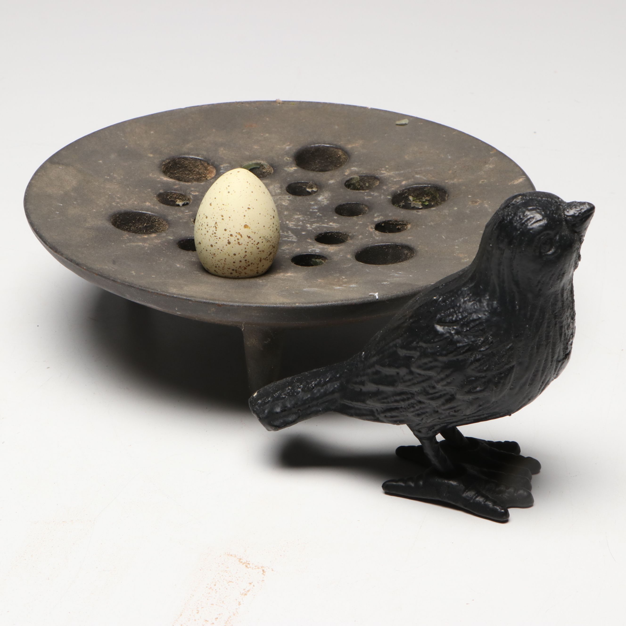 Footed Metal Flower Frog, Cast Iron Bird and Turkey Egg