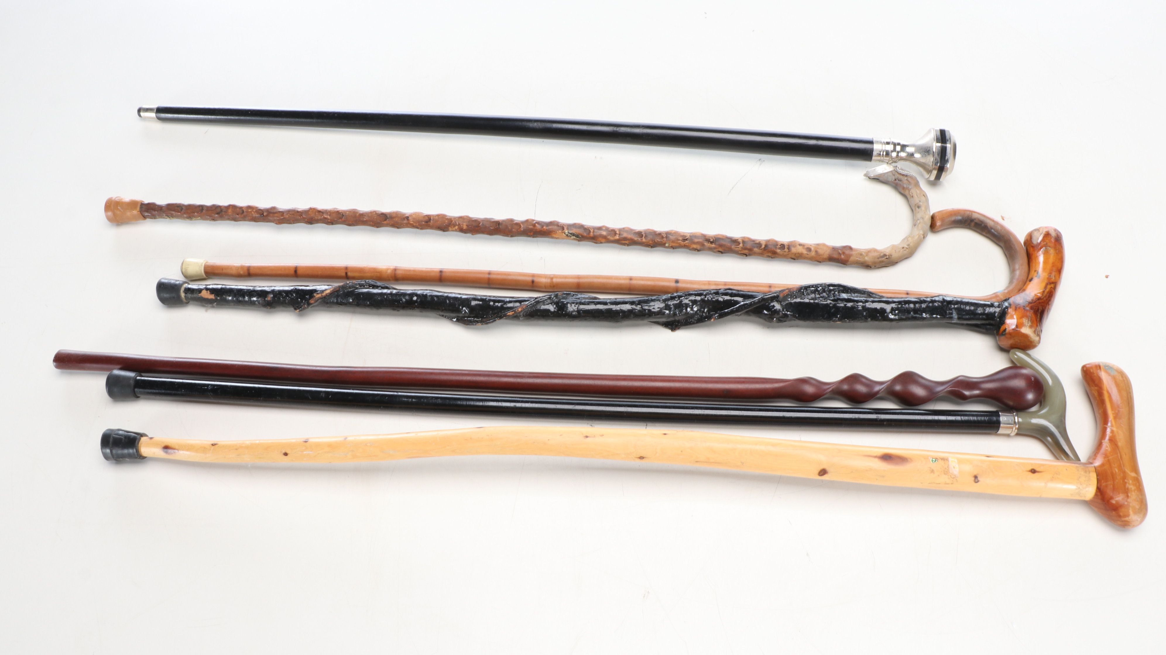 Sterling Silver Topped Wood and Other Vintage Walking Sticks in Holder