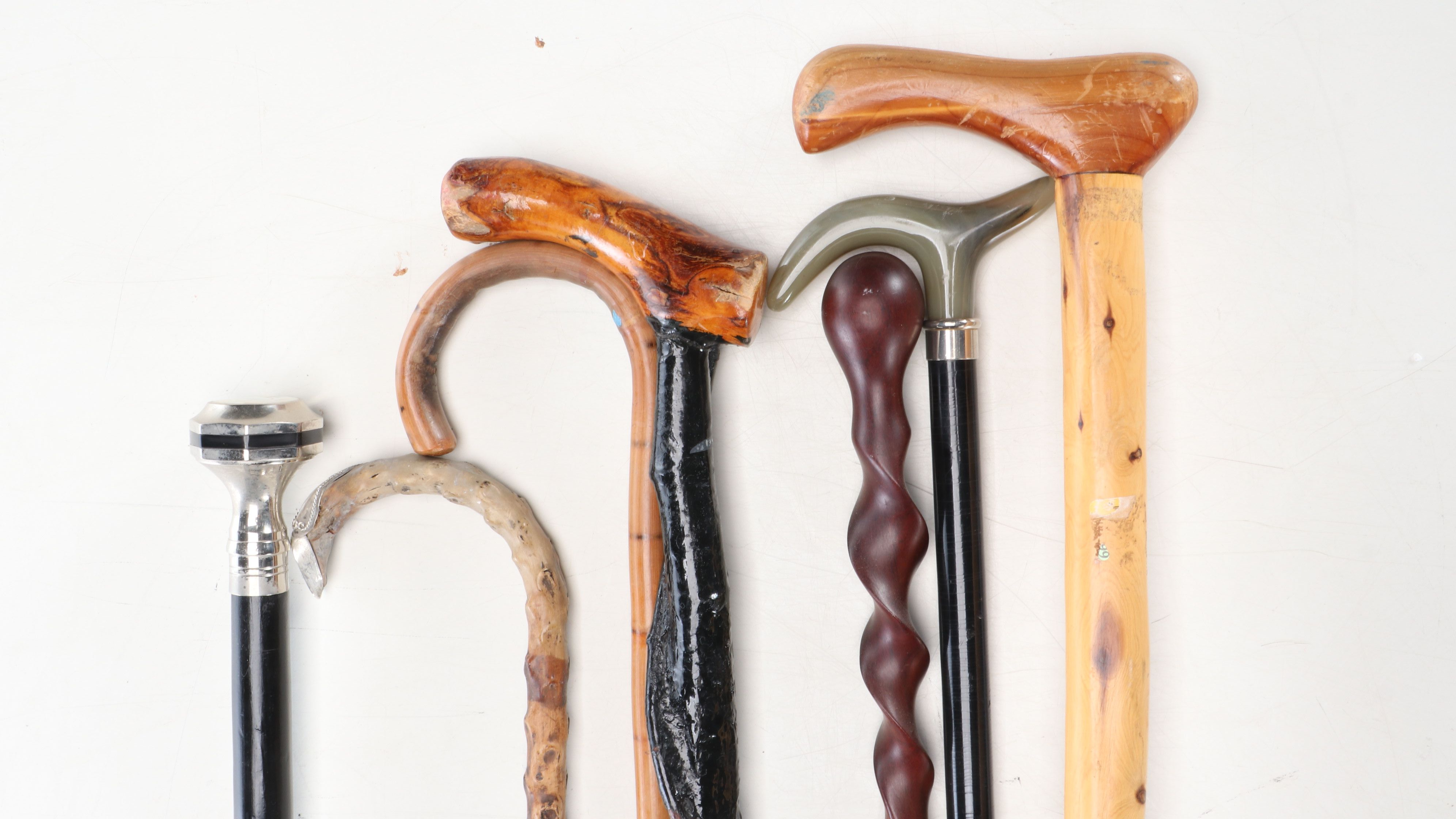 Sterling Silver Topped Wood and Other Vintage Walking Sticks in Holder