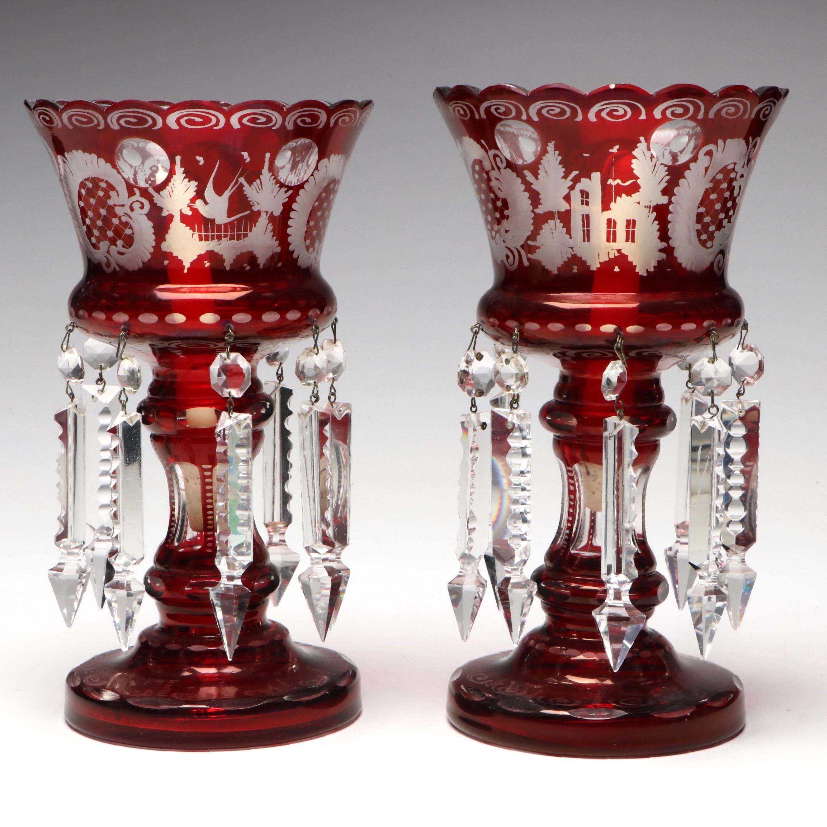 Bohemian Cranberry Glass with Crystal Pendalogue Mantel Lusters and Cruet