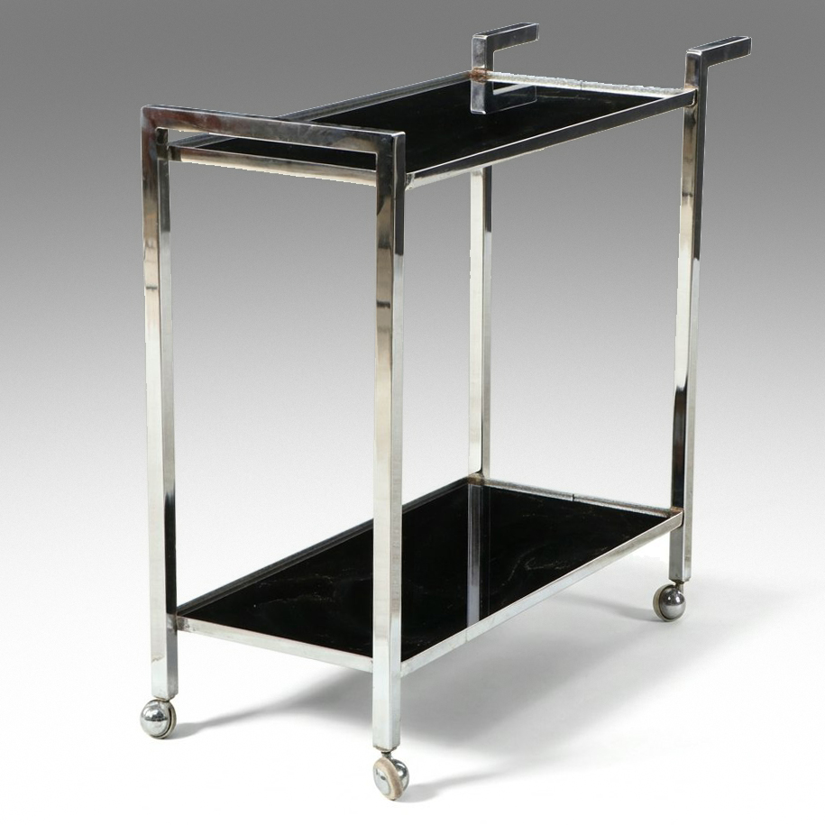 Mid-Century Modern Chrome and Smoke Glass Two-Tier Bar Cart
