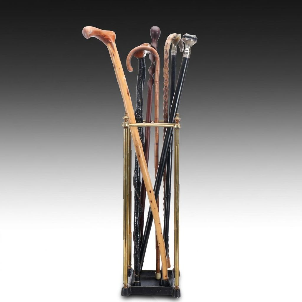 Sterling Silver Topped Wood and Other Vintage Walking Sticks in Holder