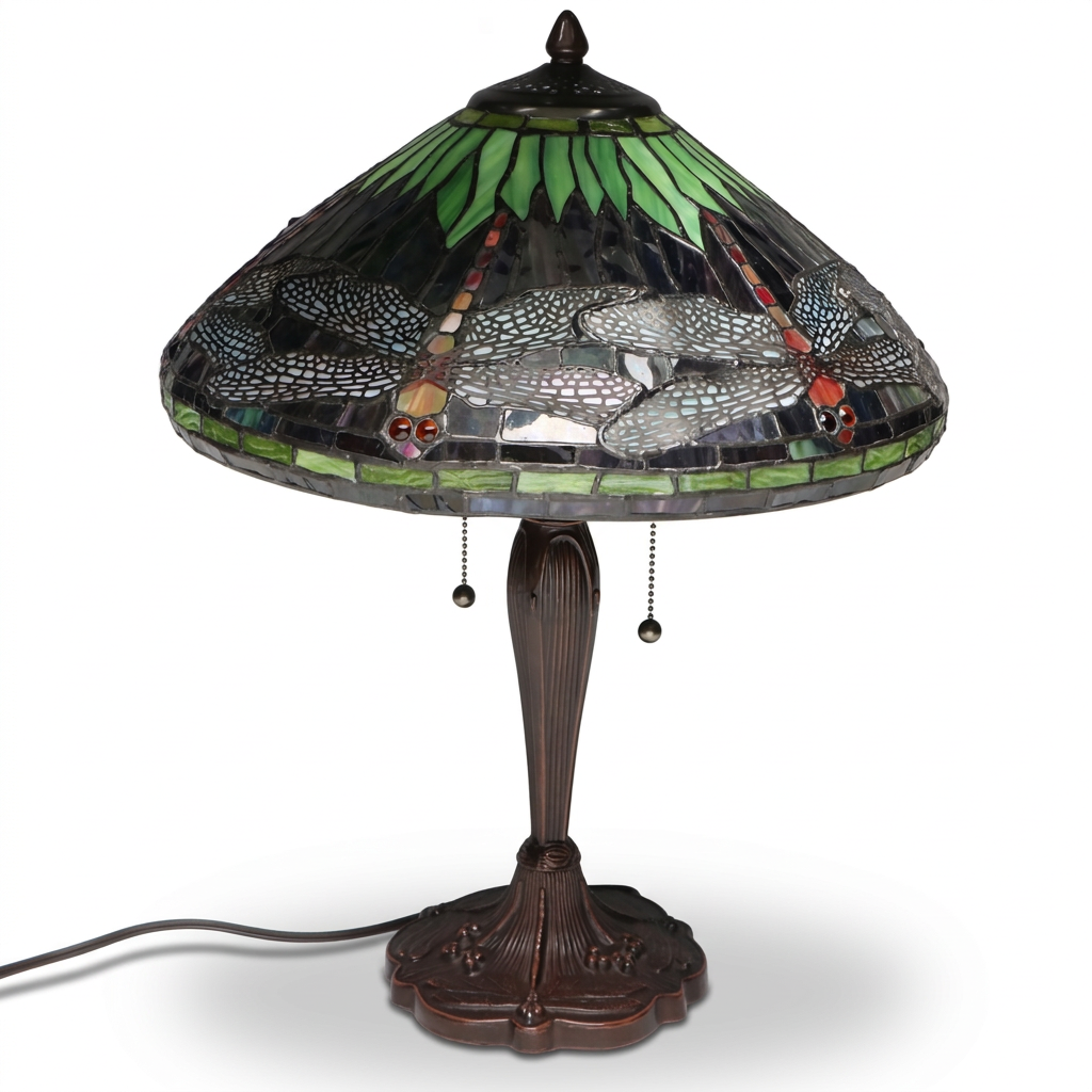 Art Nouveau Cast Metal Table Lamp with Dragonfly Slag Glass Shade