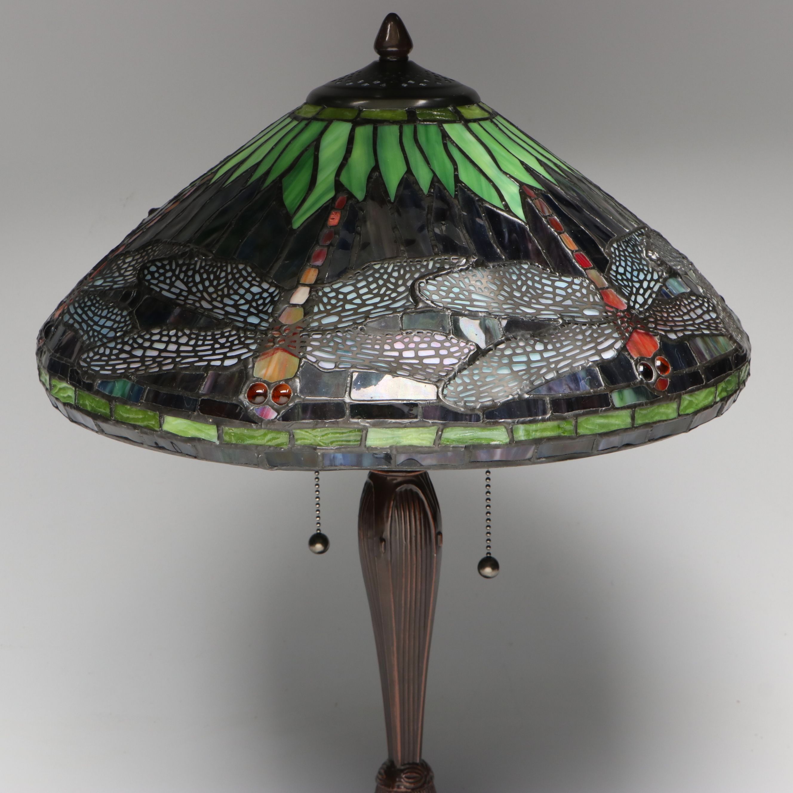 Art Nouveau Cast Metal Table Lamp with Dragonfly Slag Glass Shade