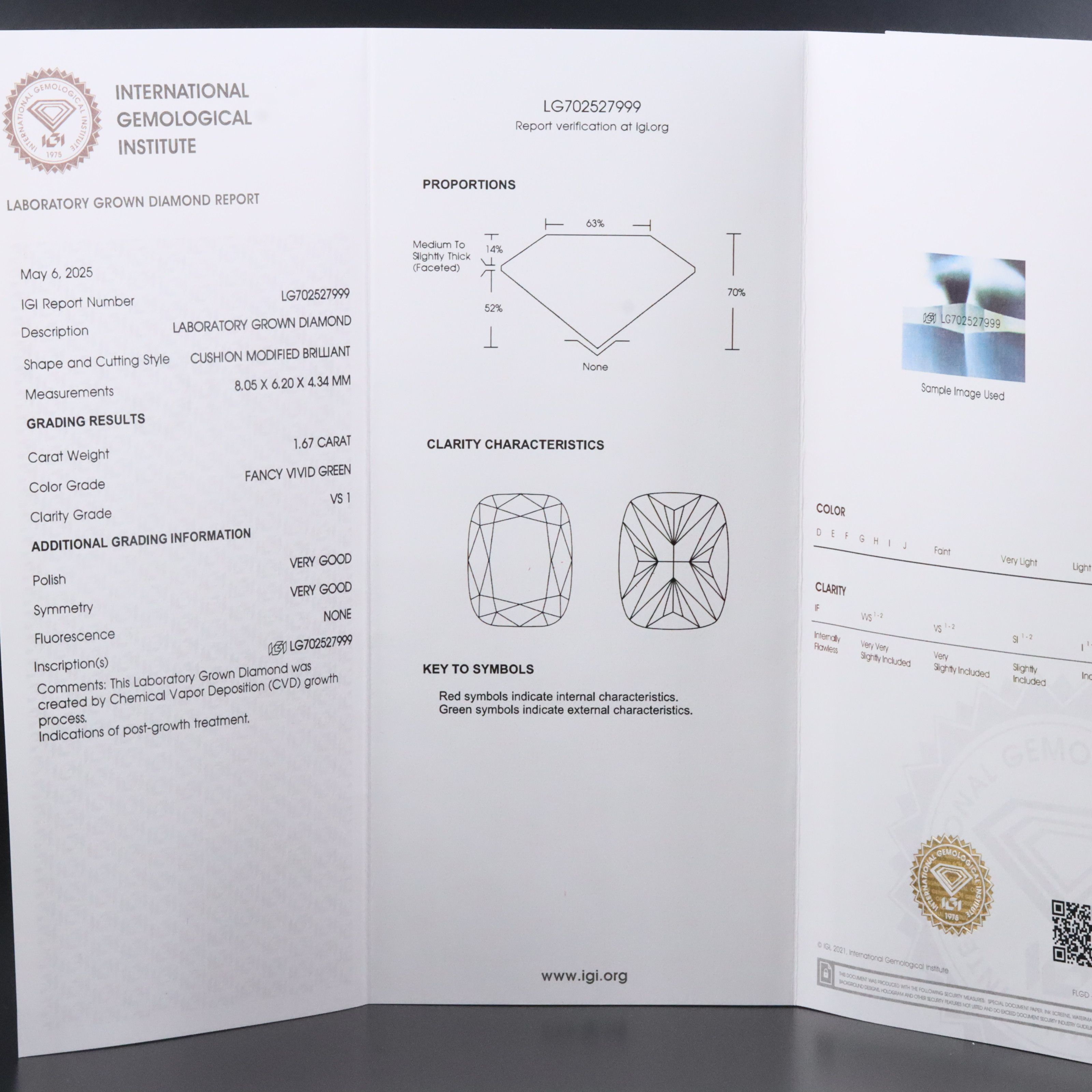 Loose 1.67 CT Lab Grown Fancy Vivid Green Diamond with IGI Report