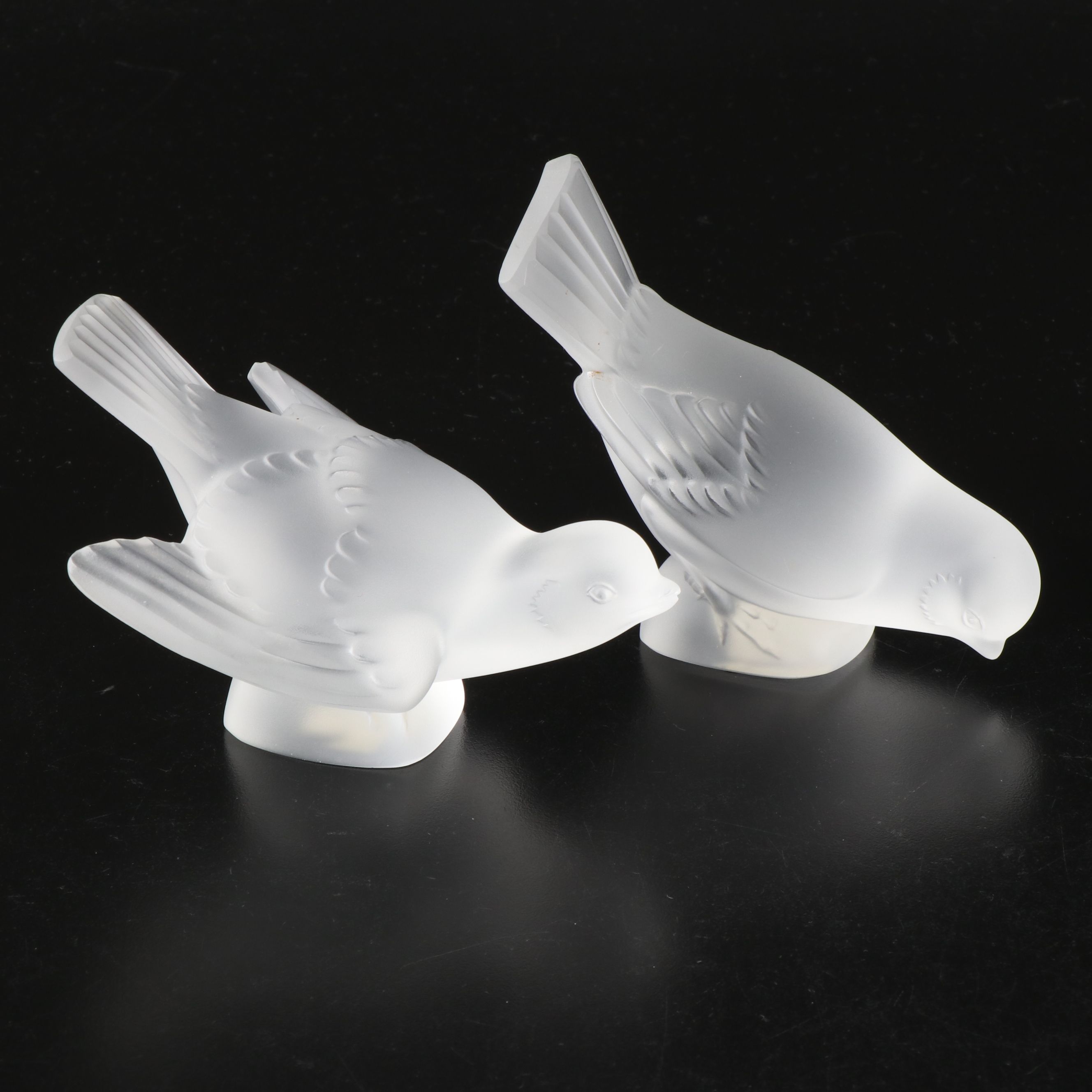 Lalique "Moineau Timide" and "Moineau Coléreux" Frosted Crystal Figurines