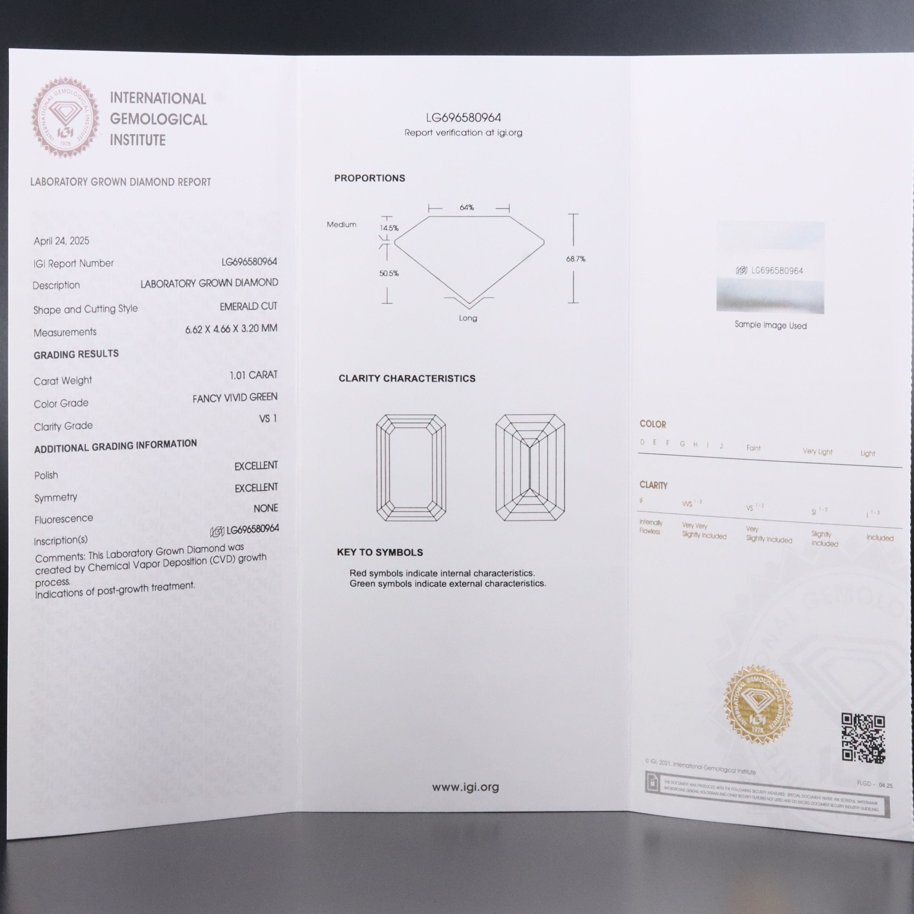 Loose 1.01 CT Lab Grown Fancy Vivid Green Diamond with IGI Report