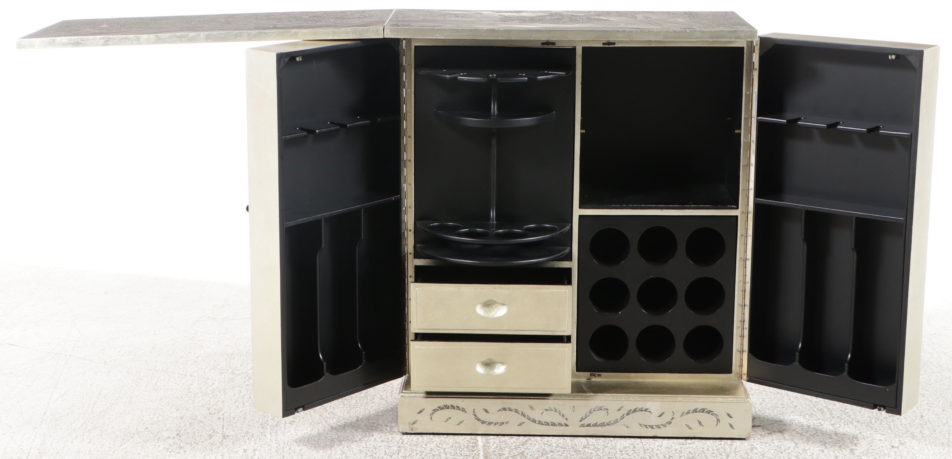 Hollywood Regency Style Lacquered Wood Chinoiserie Decorated Dry Bar Cabinet