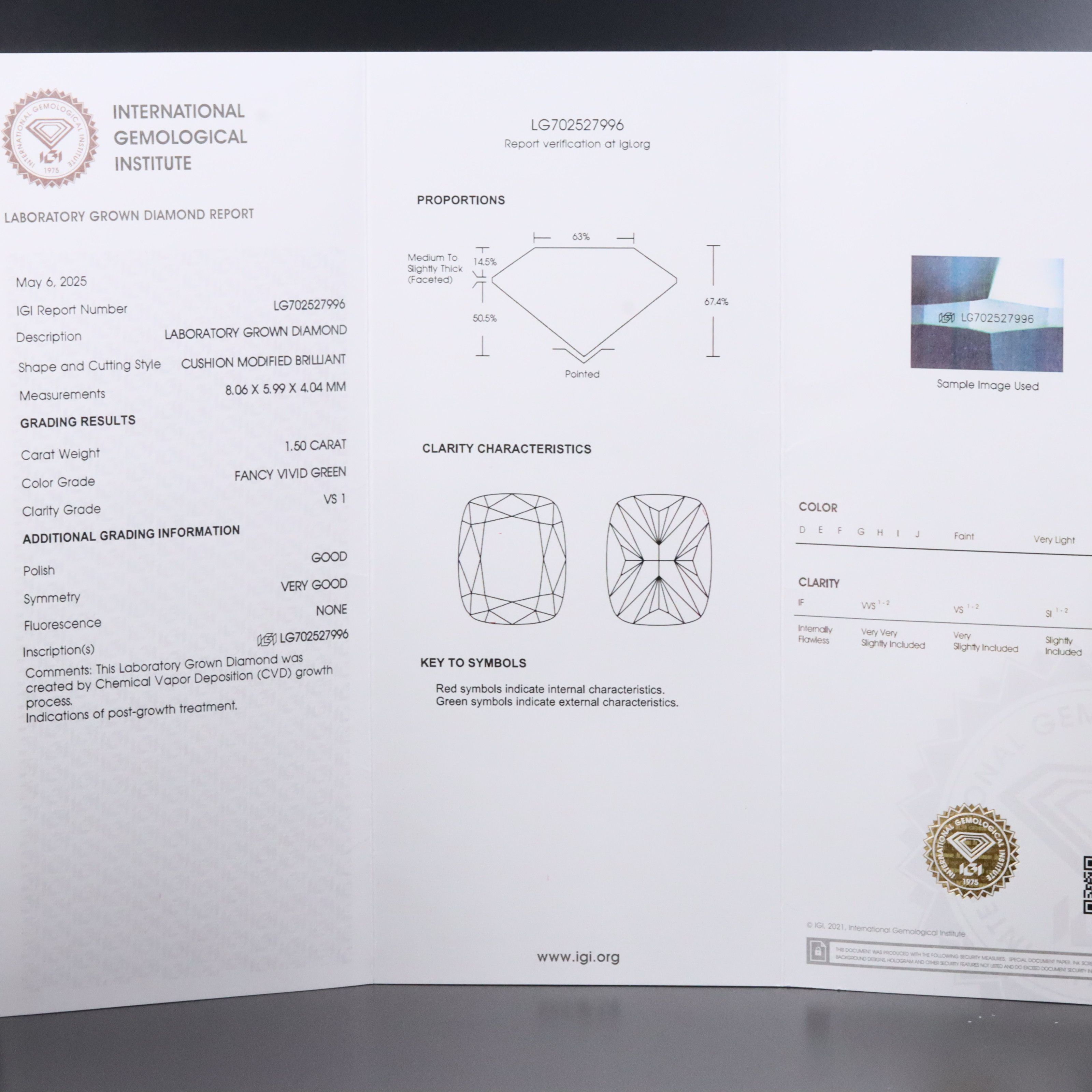 Loose 1.50 CT Lab Grown Fancy Vivid Green Diamond with IGI Report