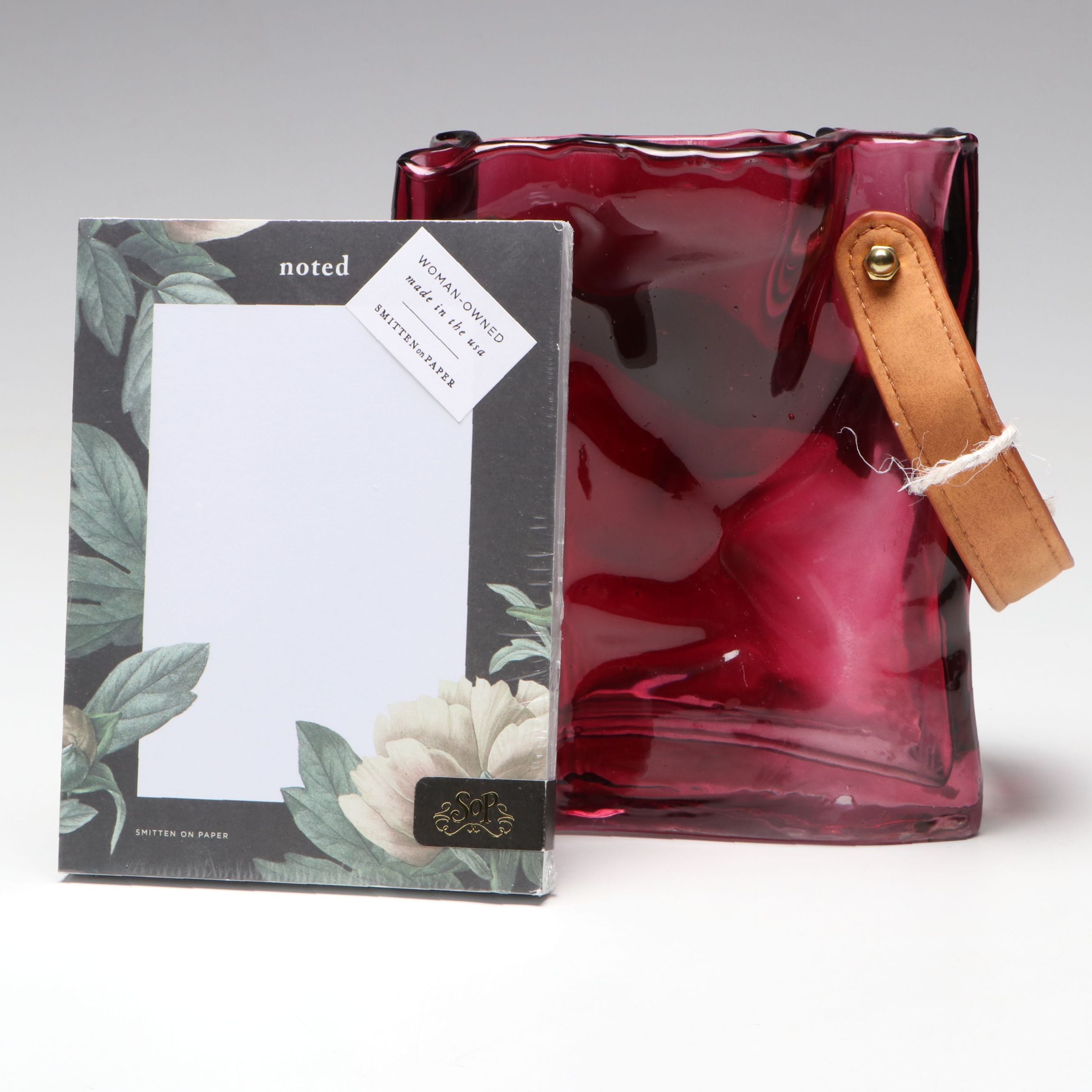 Glass Purse Vase with Leather Handle and Smitten on Paper Notecards