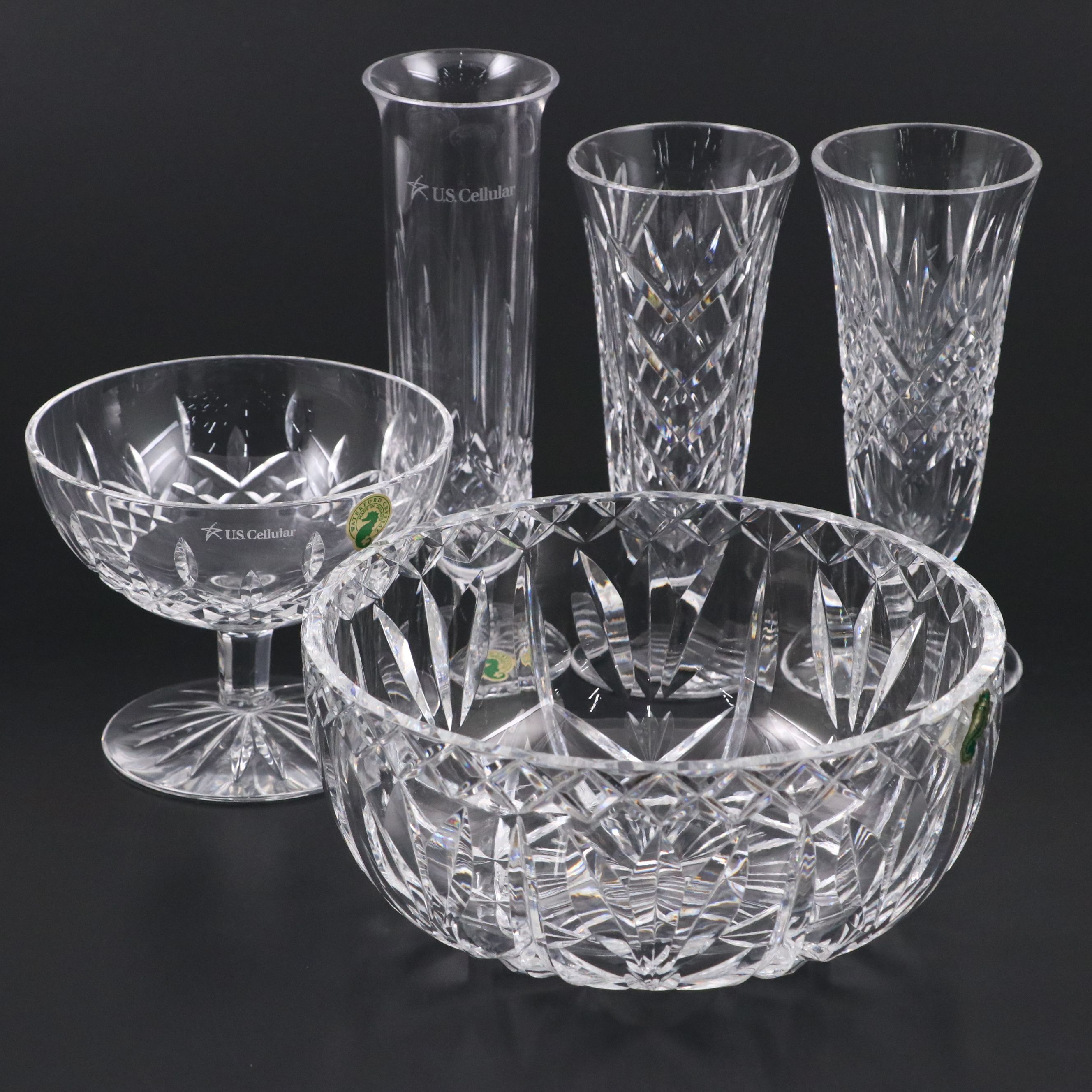 Waterford "Lismore" Crystal Compote and Bud Vase with More Vases and Bowl