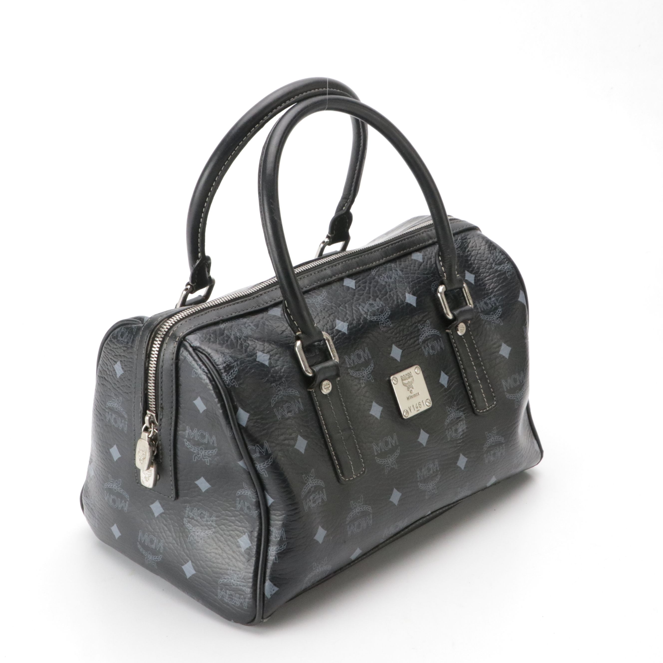 MCM Boston Bag in Navy Blue Visetos and Calfskin Leather