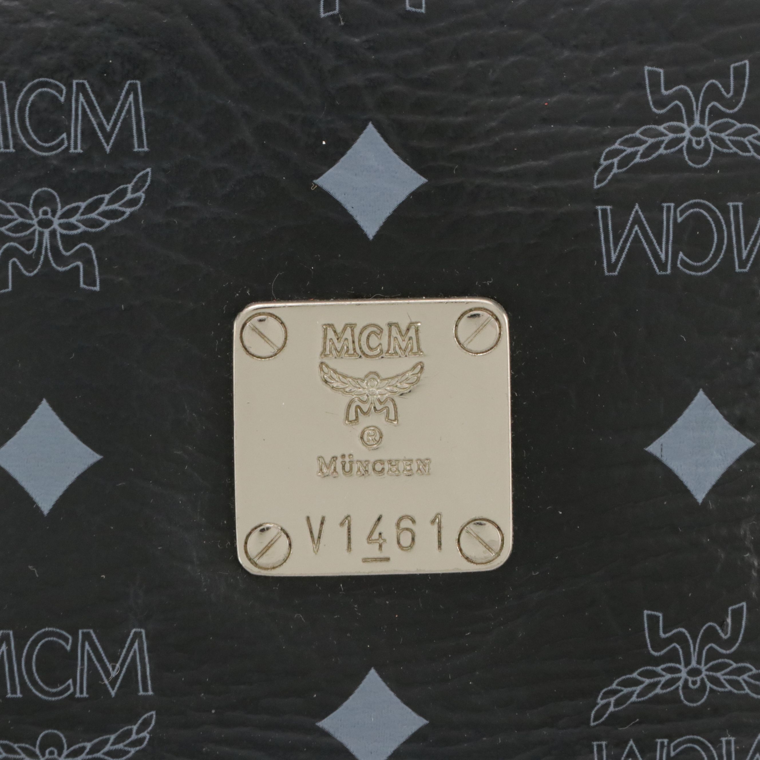 MCM Boston Bag in Navy Blue Visetos and Calfskin Leather