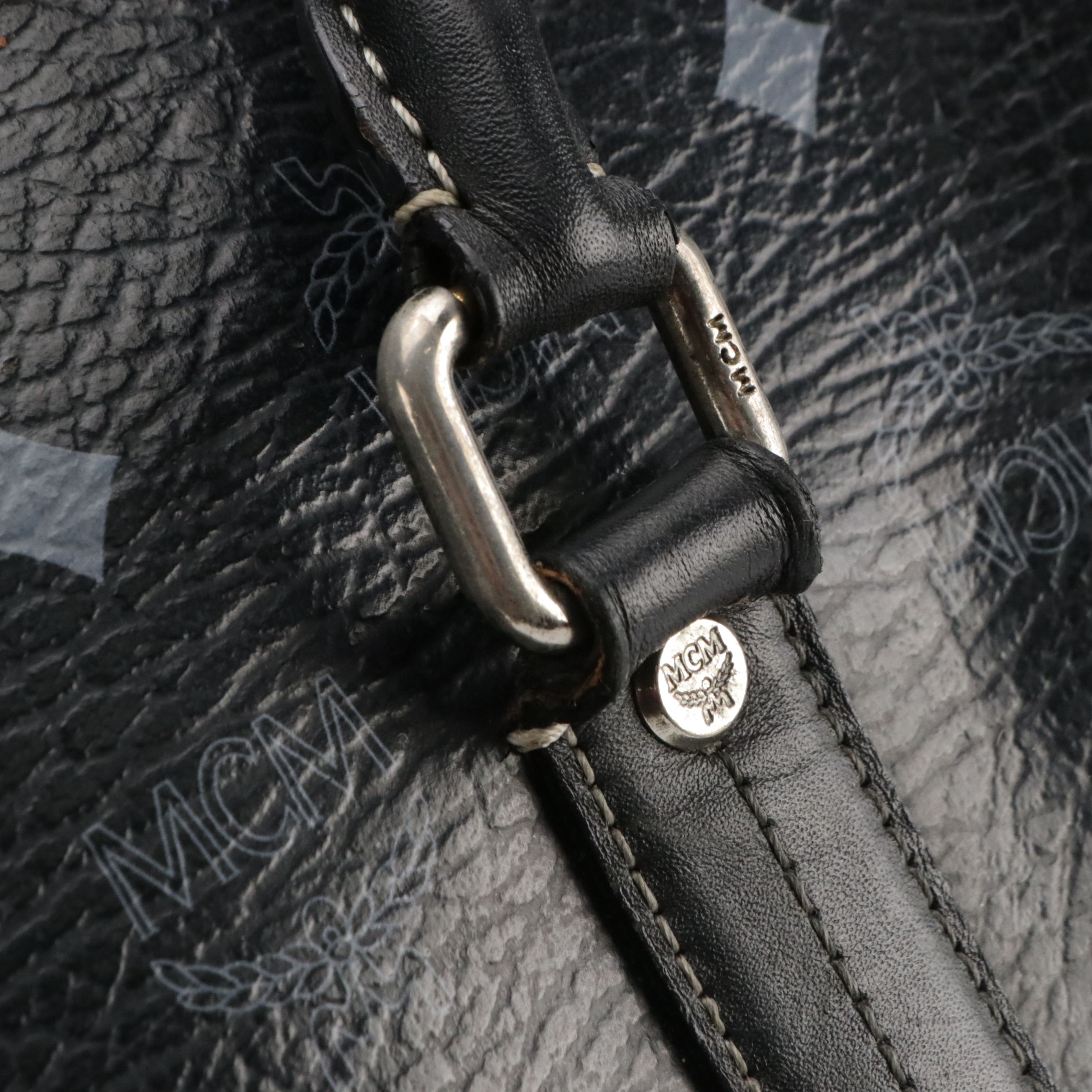 MCM Boston Bag in Navy Blue Visetos and Calfskin Leather