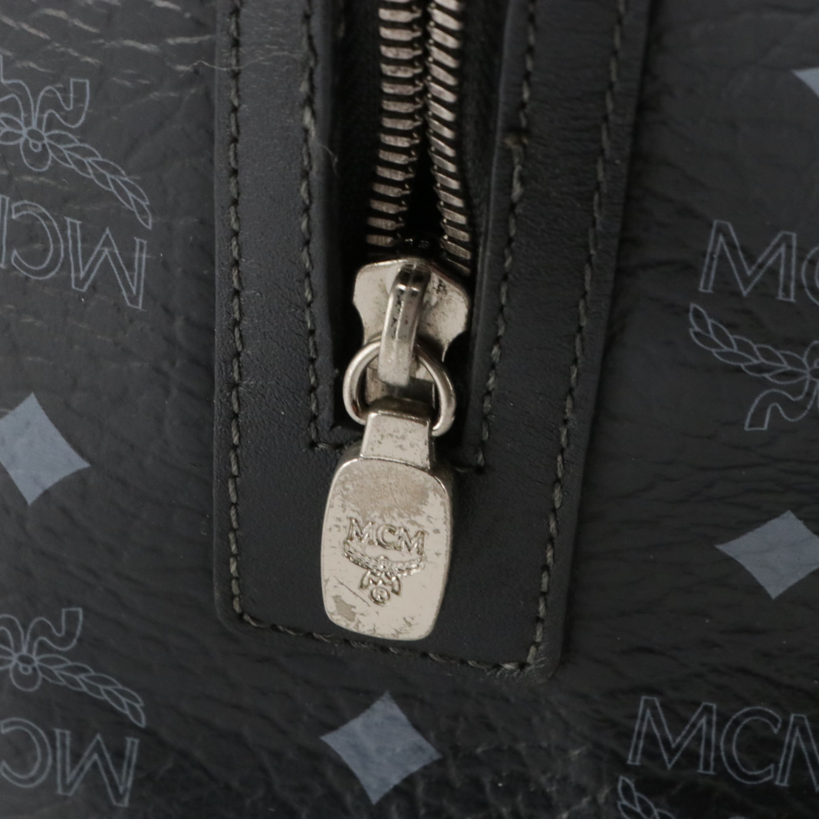 MCM Boston Bag in Navy Blue Visetos and Calfskin Leather