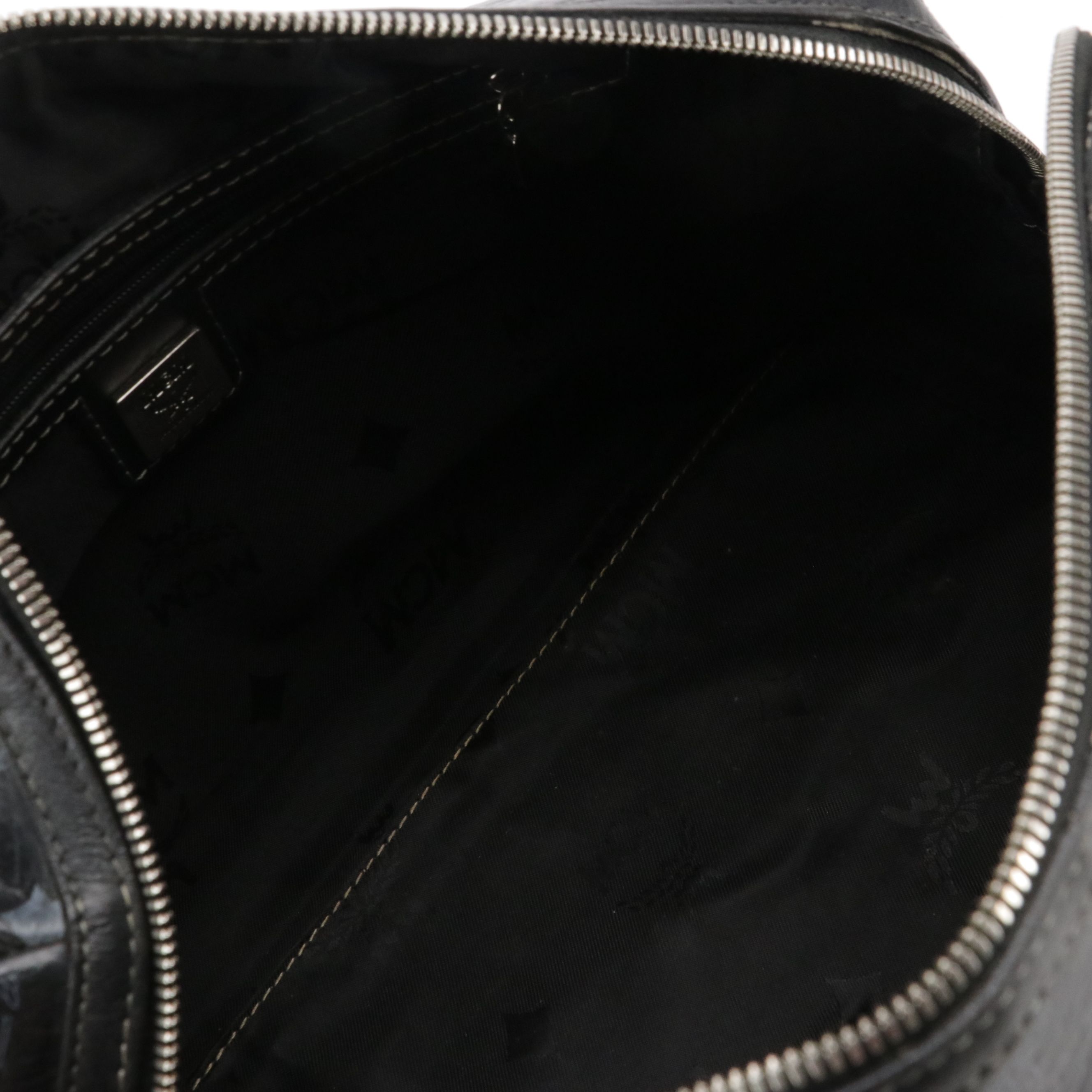 MCM Boston Bag in Navy Blue Visetos and Calfskin Leather