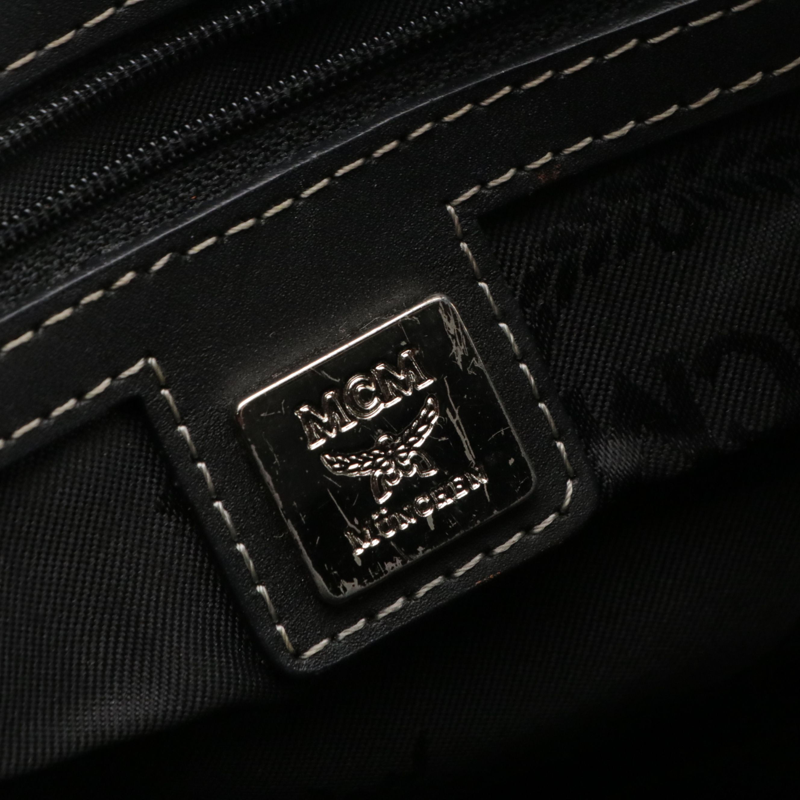 MCM Boston Bag in Navy Blue Visetos and Calfskin Leather