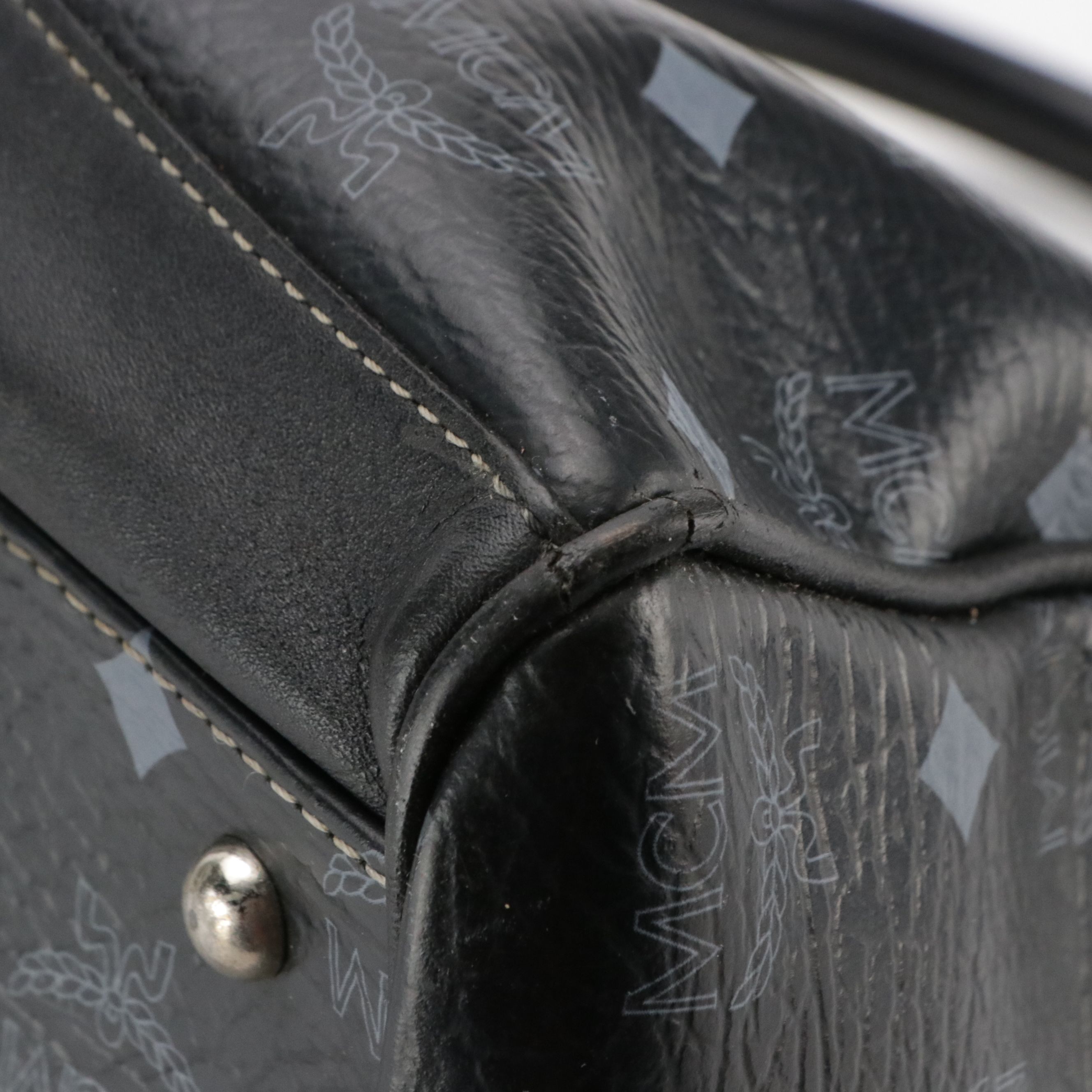 MCM Boston Bag in Navy Blue Visetos and Calfskin Leather