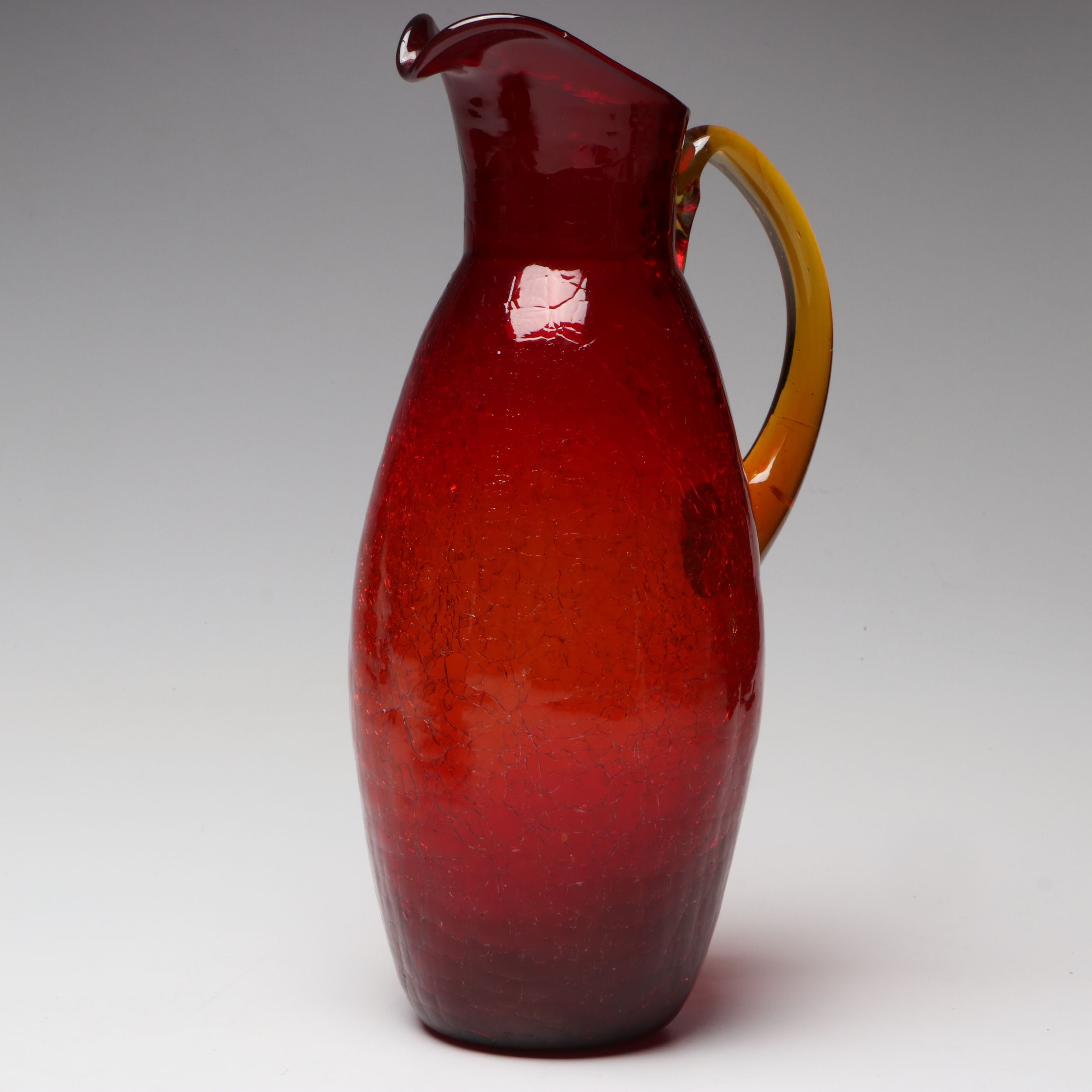 Mid Century Modern Style Red Crackle Glass Bowl and Pitcher