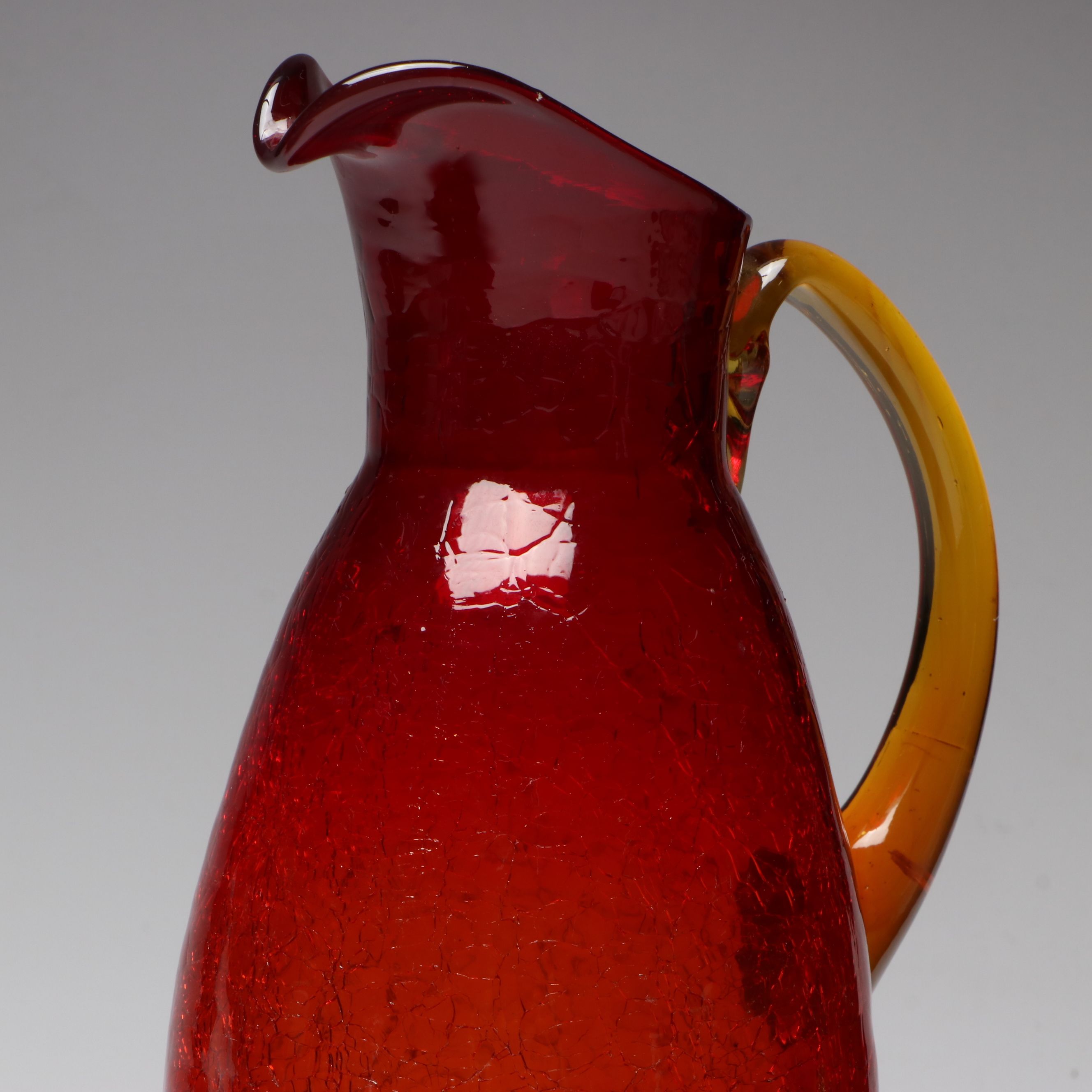 Mid Century Modern Style Red Crackle Glass Bowl and Pitcher