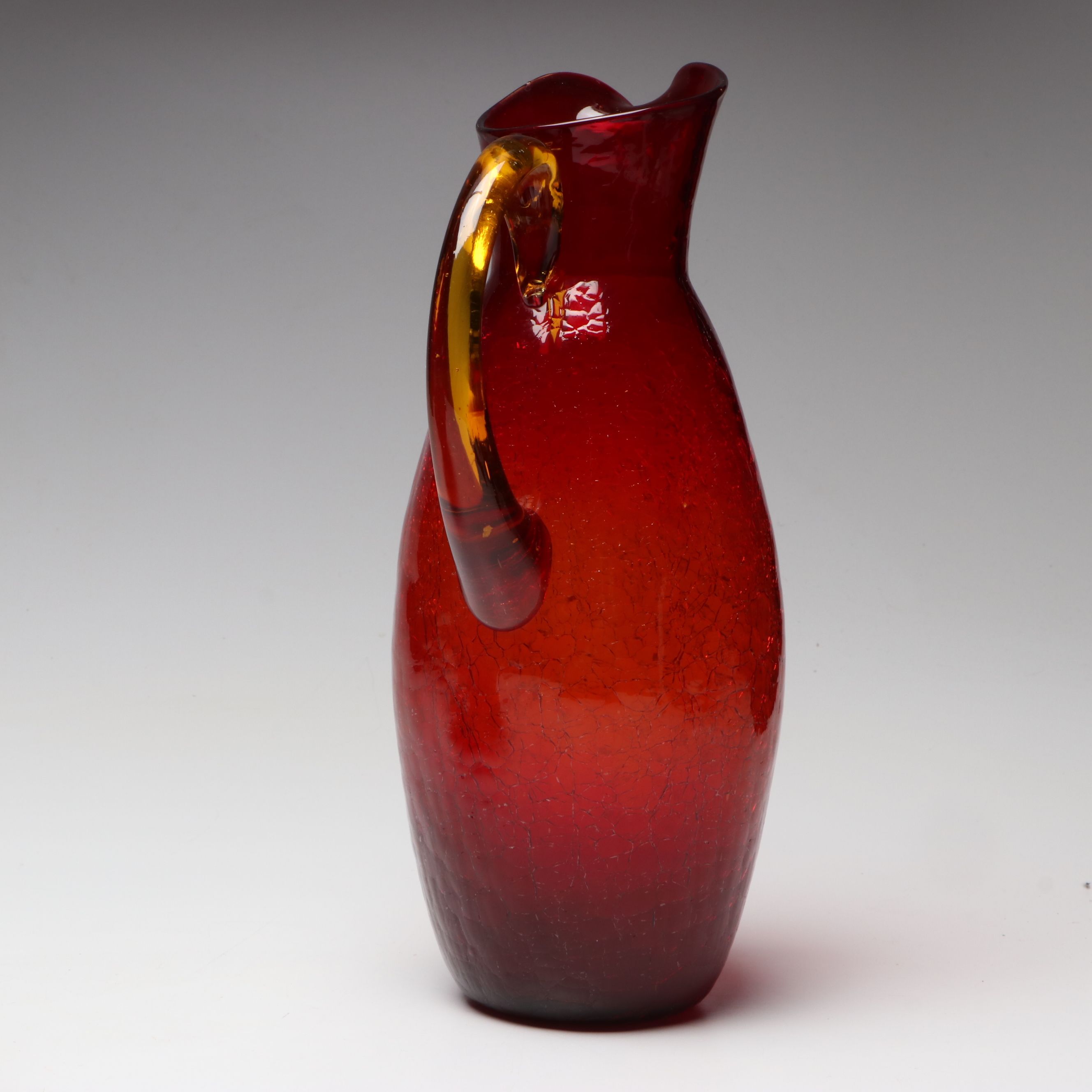 Mid Century Modern Style Red Crackle Glass Bowl and Pitcher