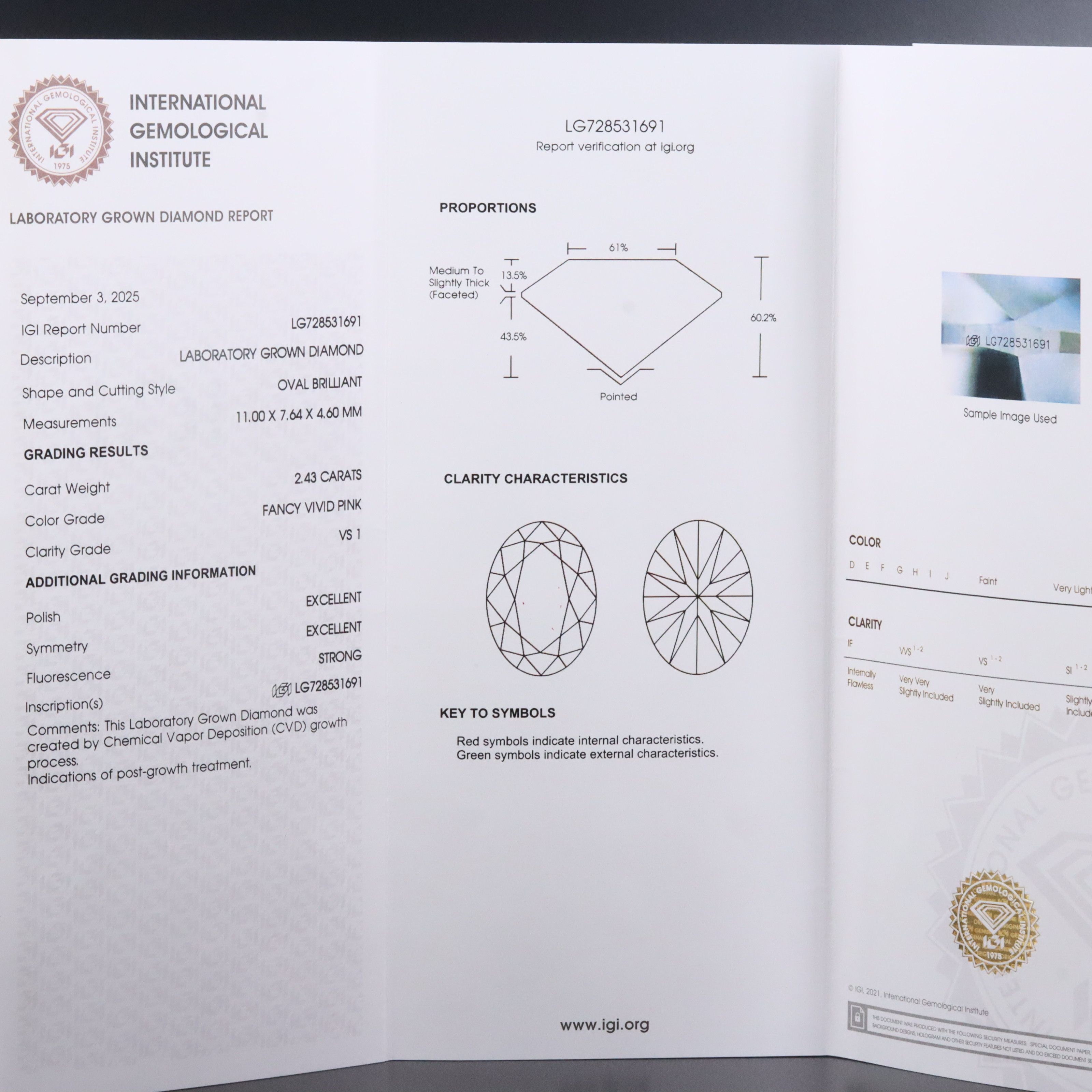 Loose 2.43 CT Lab Grown Fancy Vivid Pink Diamond with IGI Report