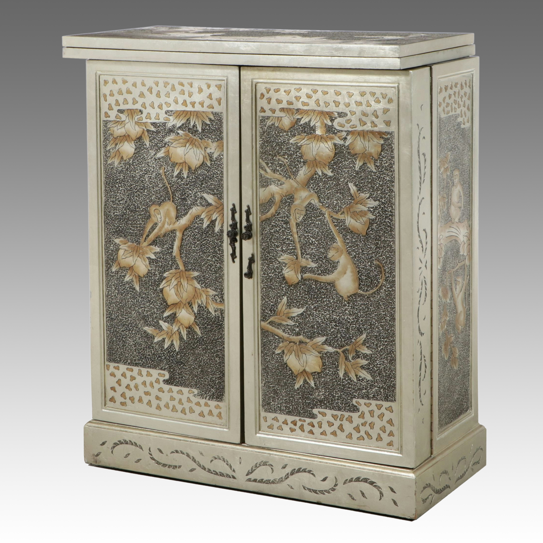 Hollywood Regency Style Lacquered Wood Chinoiserie Decorated Dry Bar Cabinet